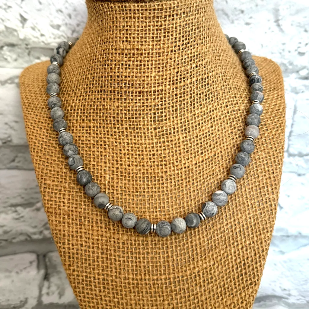 Mens Matte Gray Agate and Silver Beaded Necklace