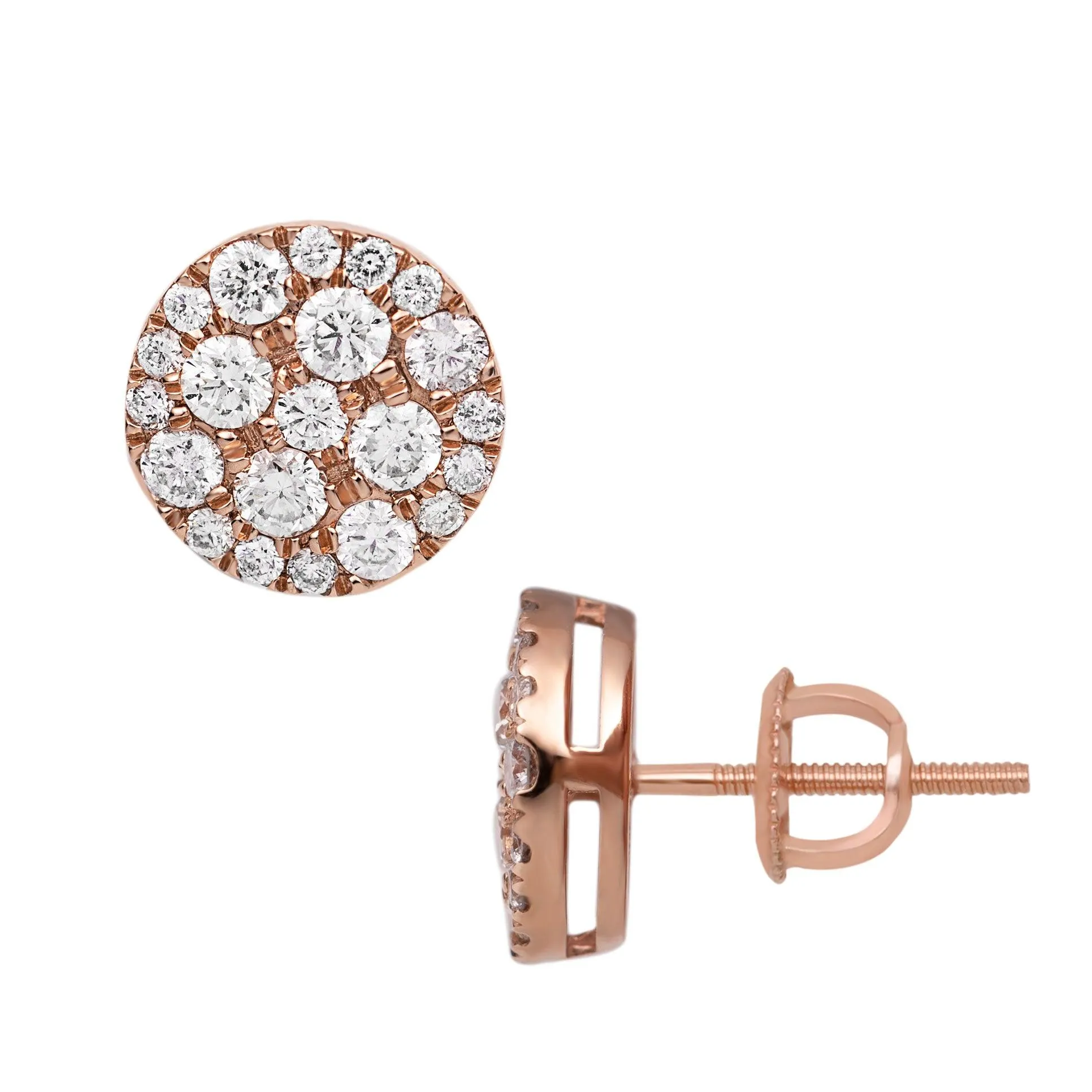 Men's Round Halo Cluster Diamond Stud Earrings 1.62ct 14K Rose Gold