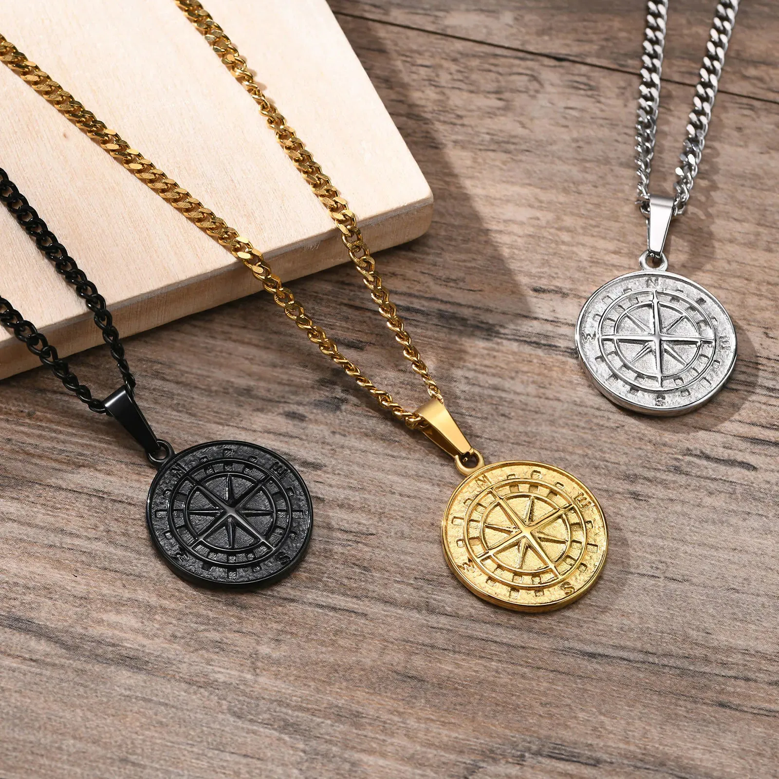 Men's Vintage Viking North Star Anchor Medal Compass Pendant Necklaces