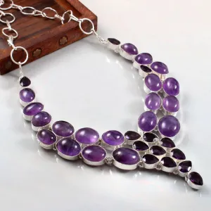 Natural  Amethyst Vintage Bib Necklace  - 925 Sterling Silver Wedding Necklace