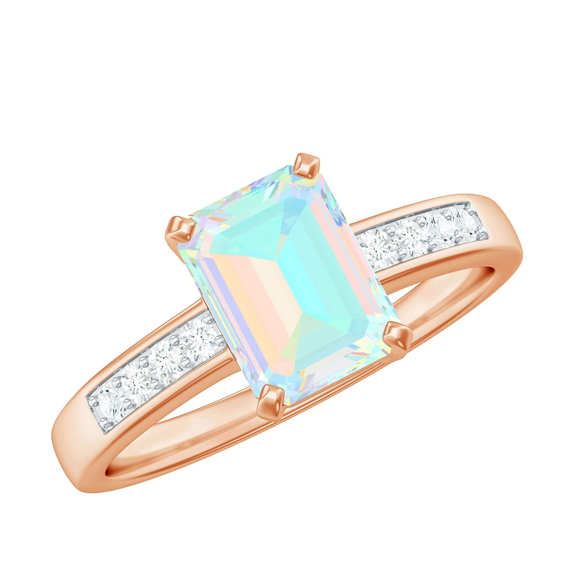 Octagon Cut Ethiopian Opal Solitaire Engagement Ring with Diamond Side Stones