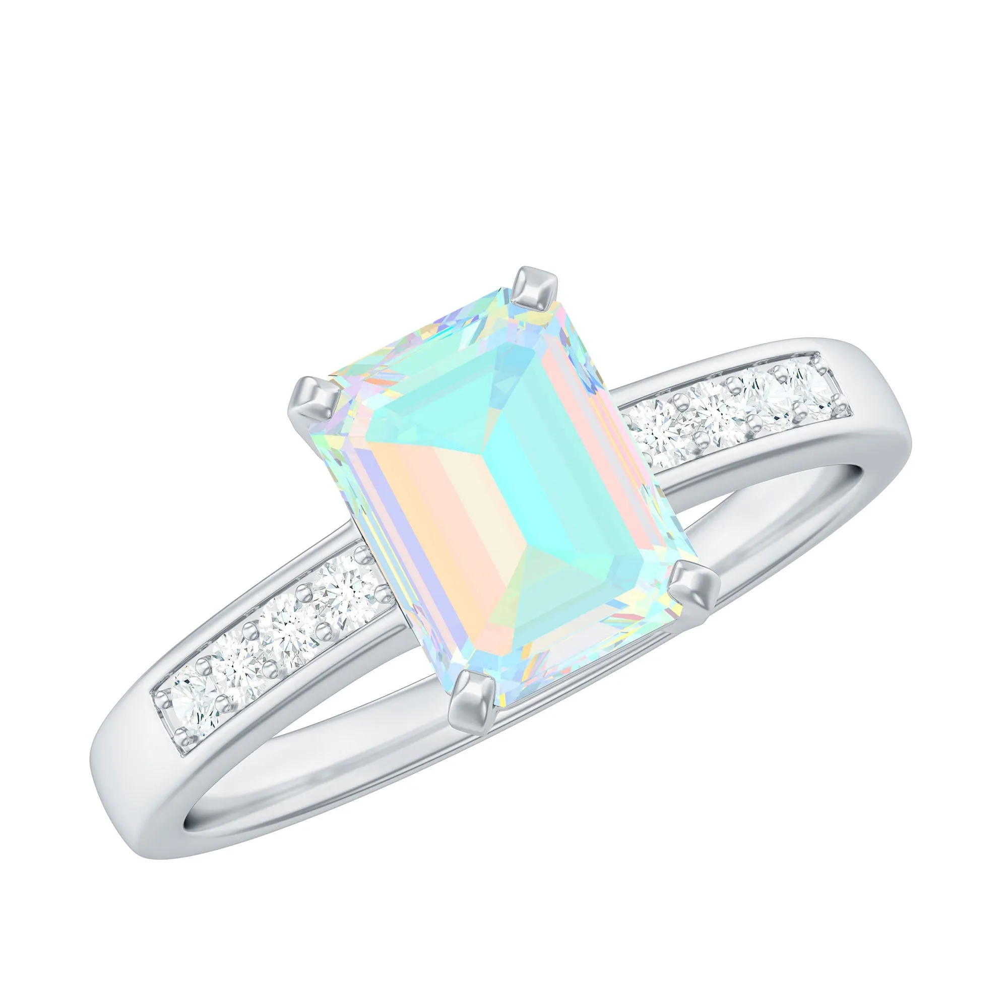 Octagon Cut Ethiopian Opal Solitaire Engagement Ring with Diamond Side Stones