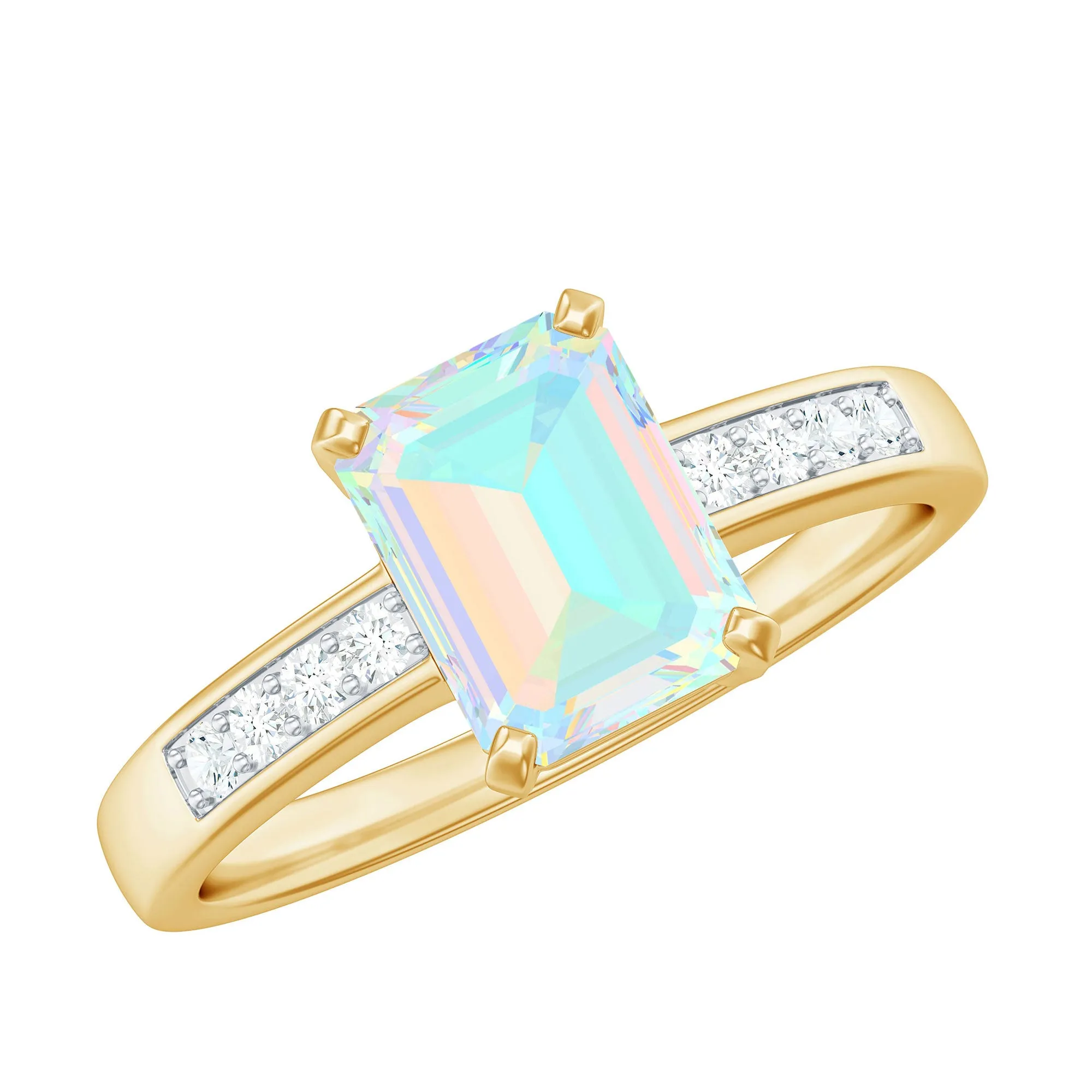 Octagon Cut Ethiopian Opal Solitaire Engagement Ring with Diamond Side Stones