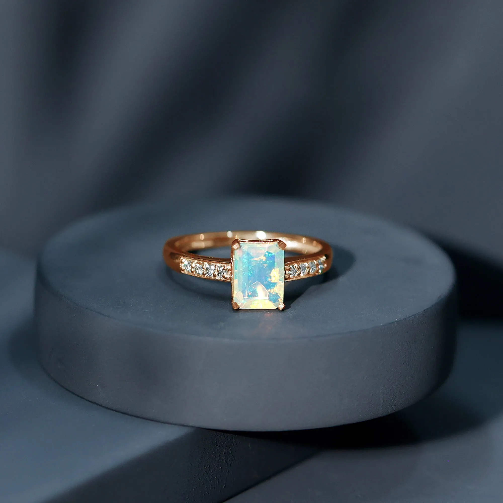 Octagon Cut Ethiopian Opal Solitaire Engagement Ring with Diamond Side Stones