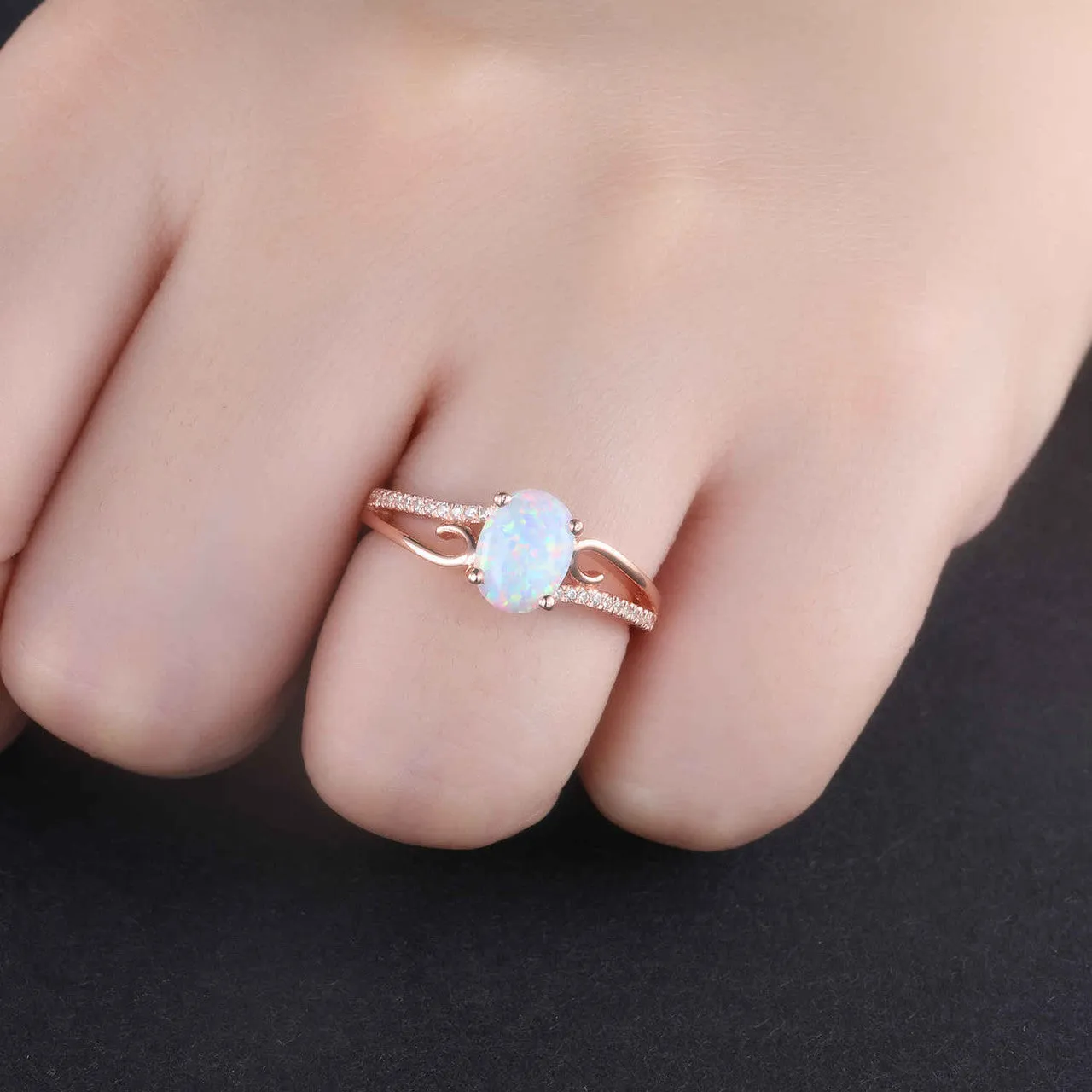 Opal Engagement Ring rose gold, Vintage Art deco wedding band, opal solitaire ring