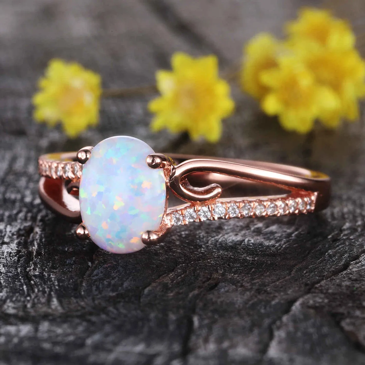 Opal Engagement Ring rose gold, Vintage Art deco wedding band, opal solitaire ring