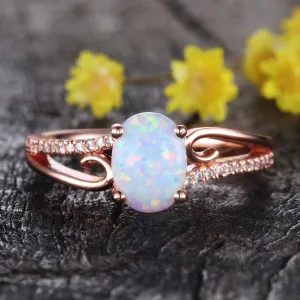 Opal Engagement Ring rose gold, Vintage Art deco wedding band, opal solitaire ring