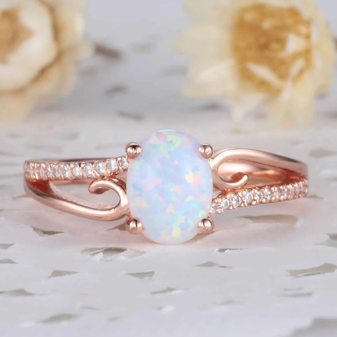 Opal Engagement Ring rose gold, Vintage Art deco wedding band, opal solitaire ring