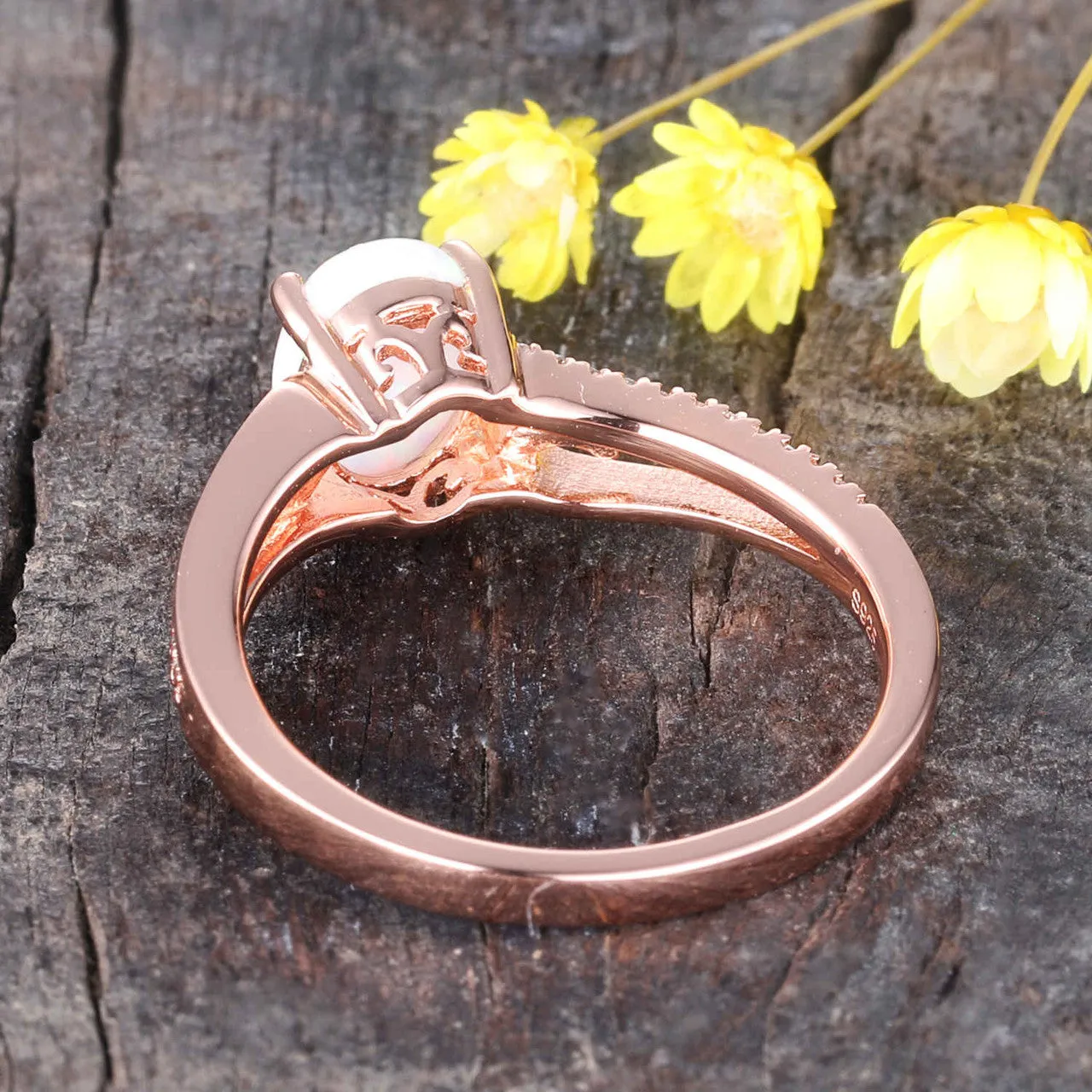 Opal Engagement Ring rose gold, Vintage Art deco wedding band, opal solitaire ring