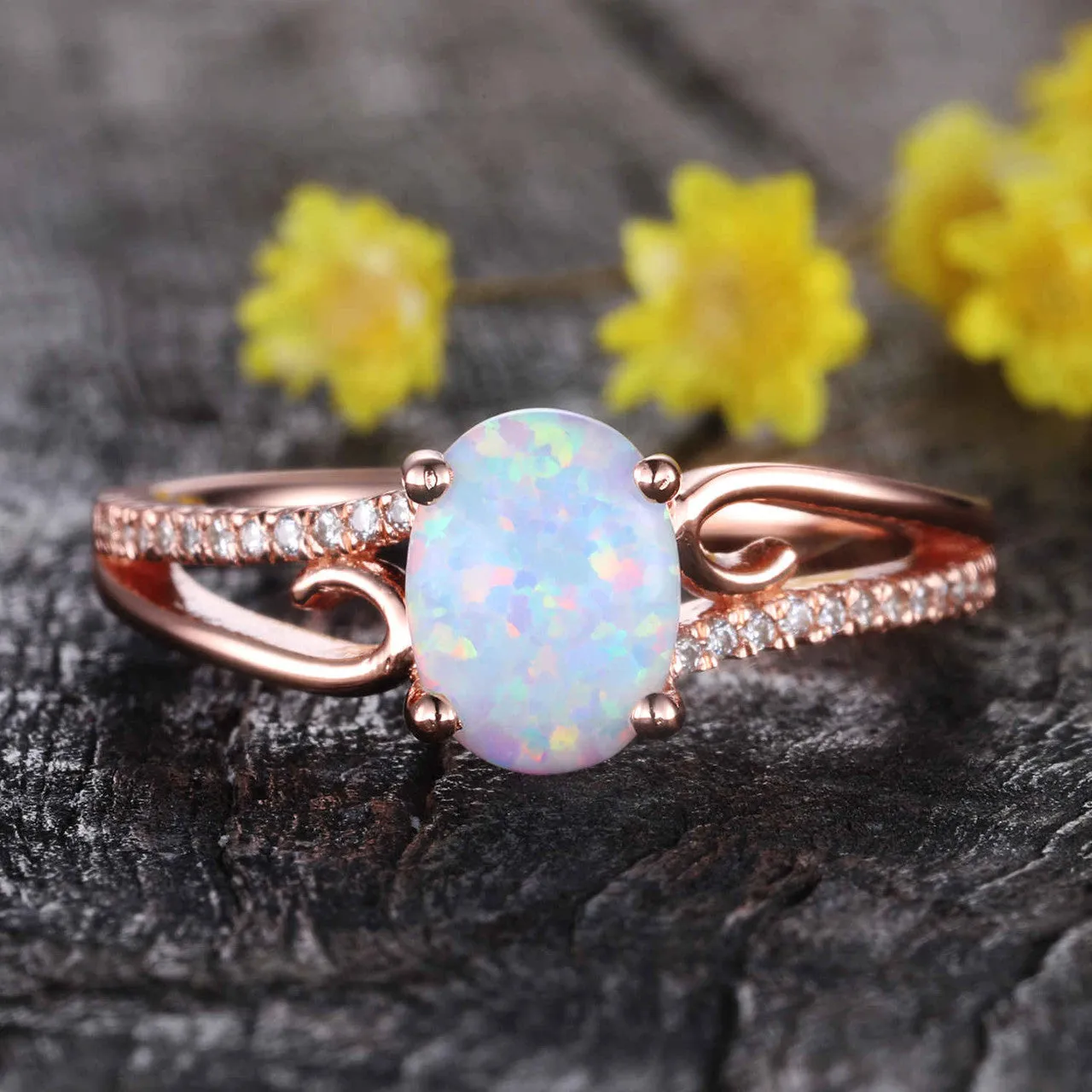 Opal Engagement Ring rose gold, Vintage Art deco wedding band, opal solitaire ring