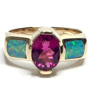 Opal Rings 2 Section Inlaid Design with Oval Pink Tourmaline