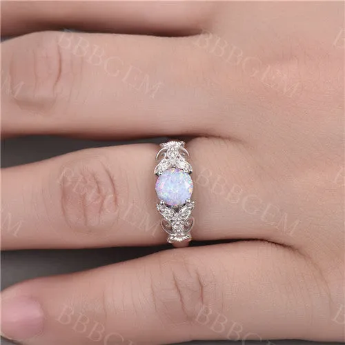 opal ring,vintage opal engagement ring,antique promise ring,solitaire flower wedding ring