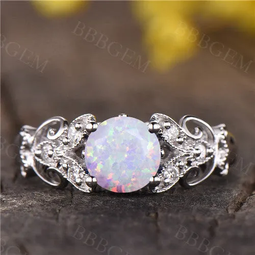 opal ring,vintage opal engagement ring,antique promise ring,solitaire flower wedding ring