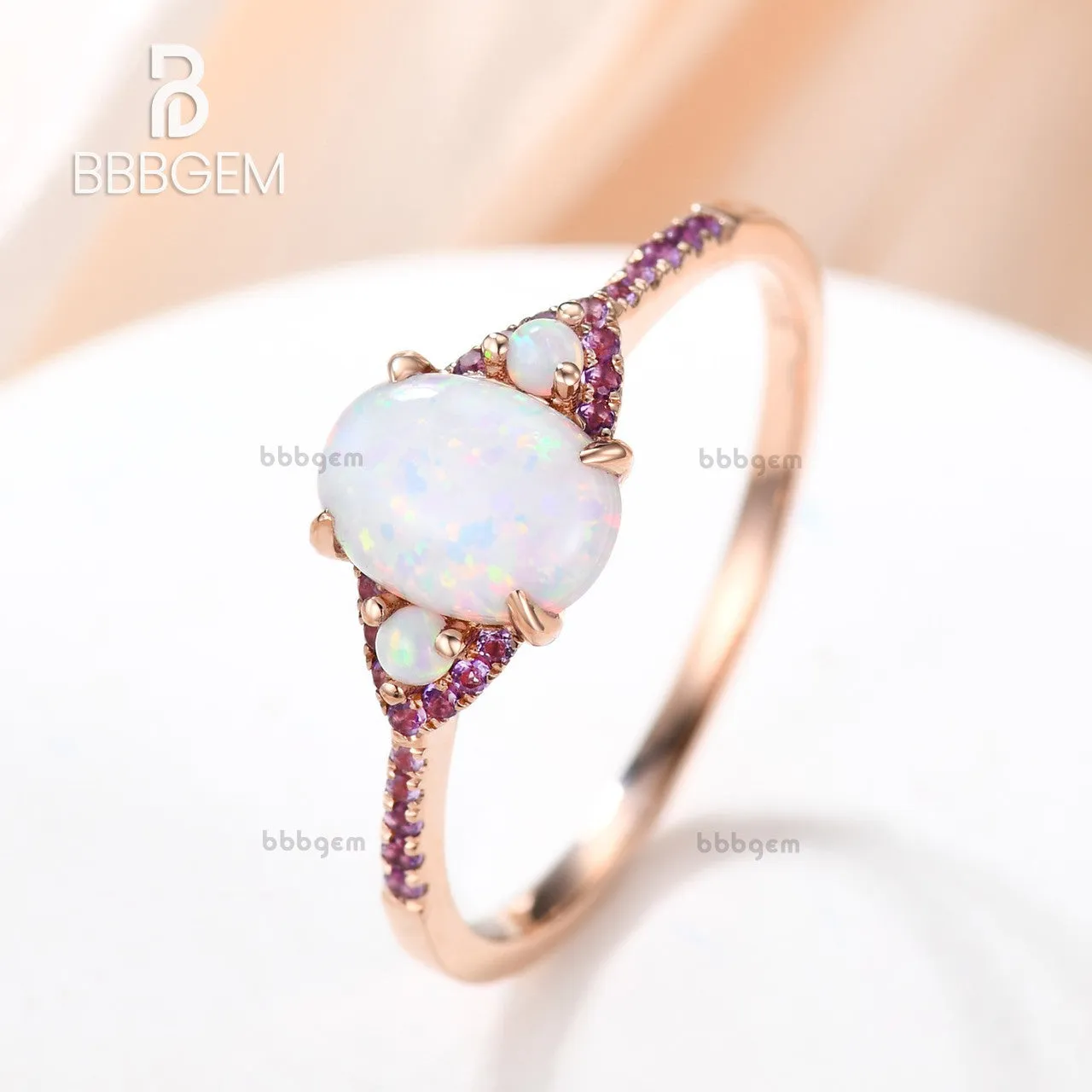 Oval Created Opal And Amethyst Halo Accents Three Stone Engagement Ring in 14K