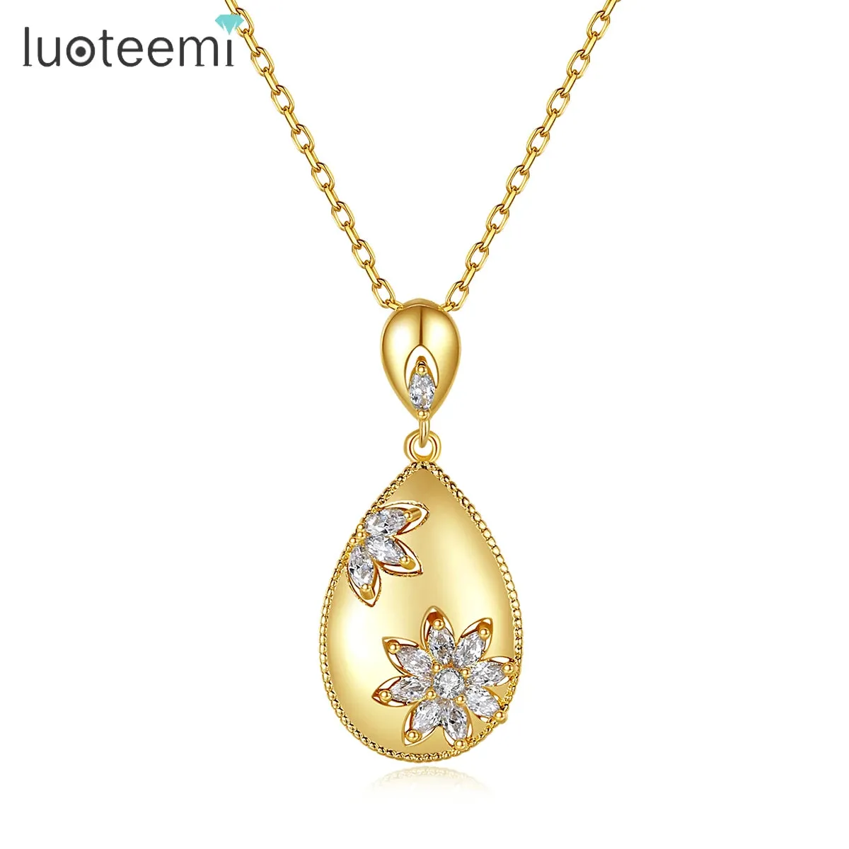 Oval Long Pendant Necklace Cubic Flowers Zirconia Chain