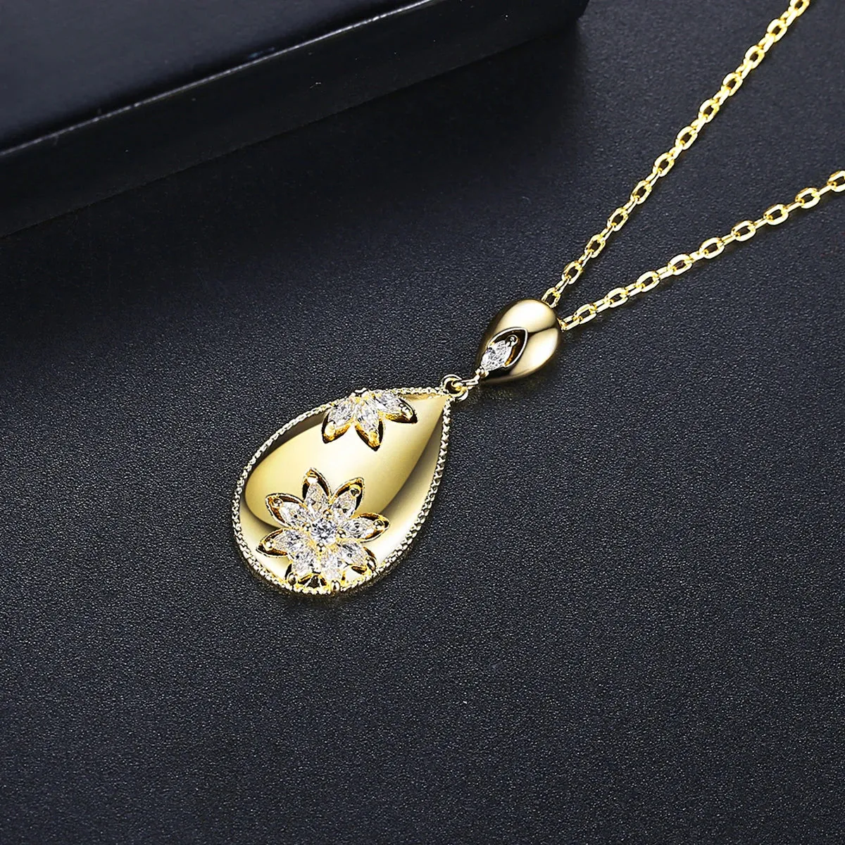 Oval Long Pendant Necklace Cubic Flowers Zirconia Chain