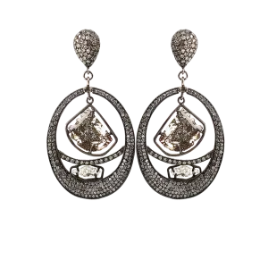 Pave Diamond Loop Earrings with Two Diamond Slices