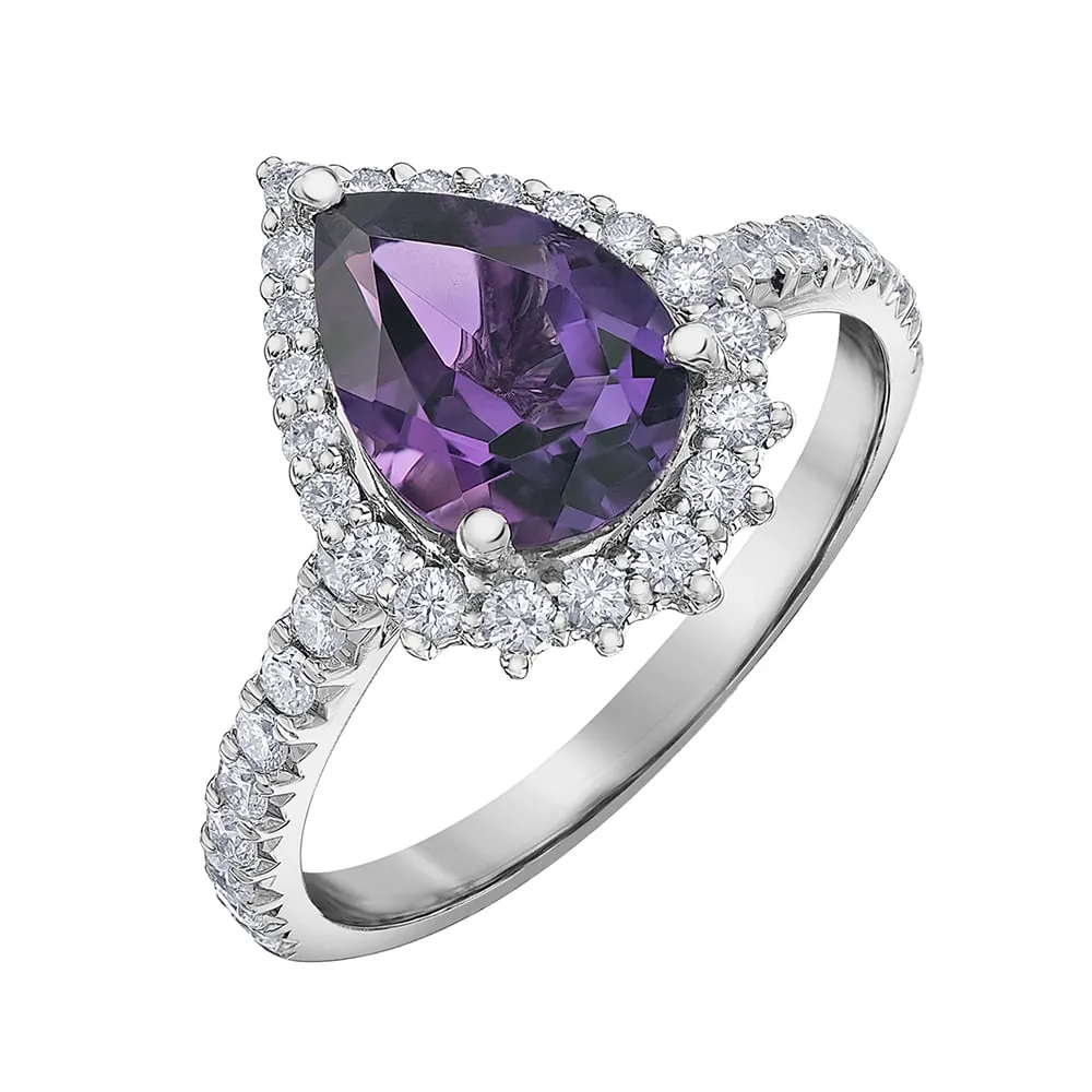 Pear-Shaped Amethyst Ring with Diamond Halo