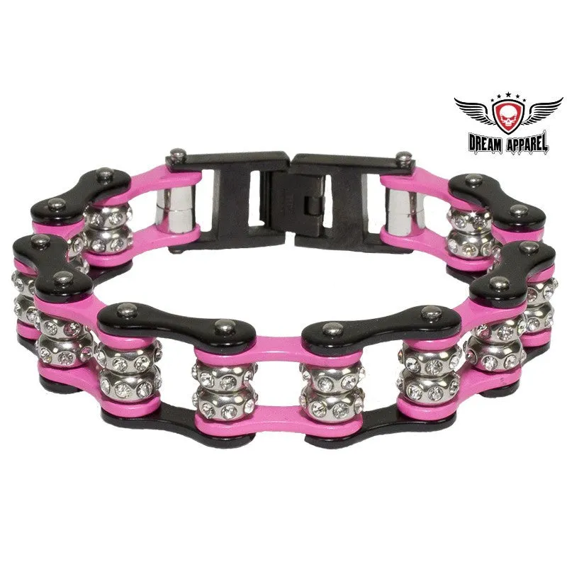 Pink and Black Motorcycle Chain Bracelet with Gemstones