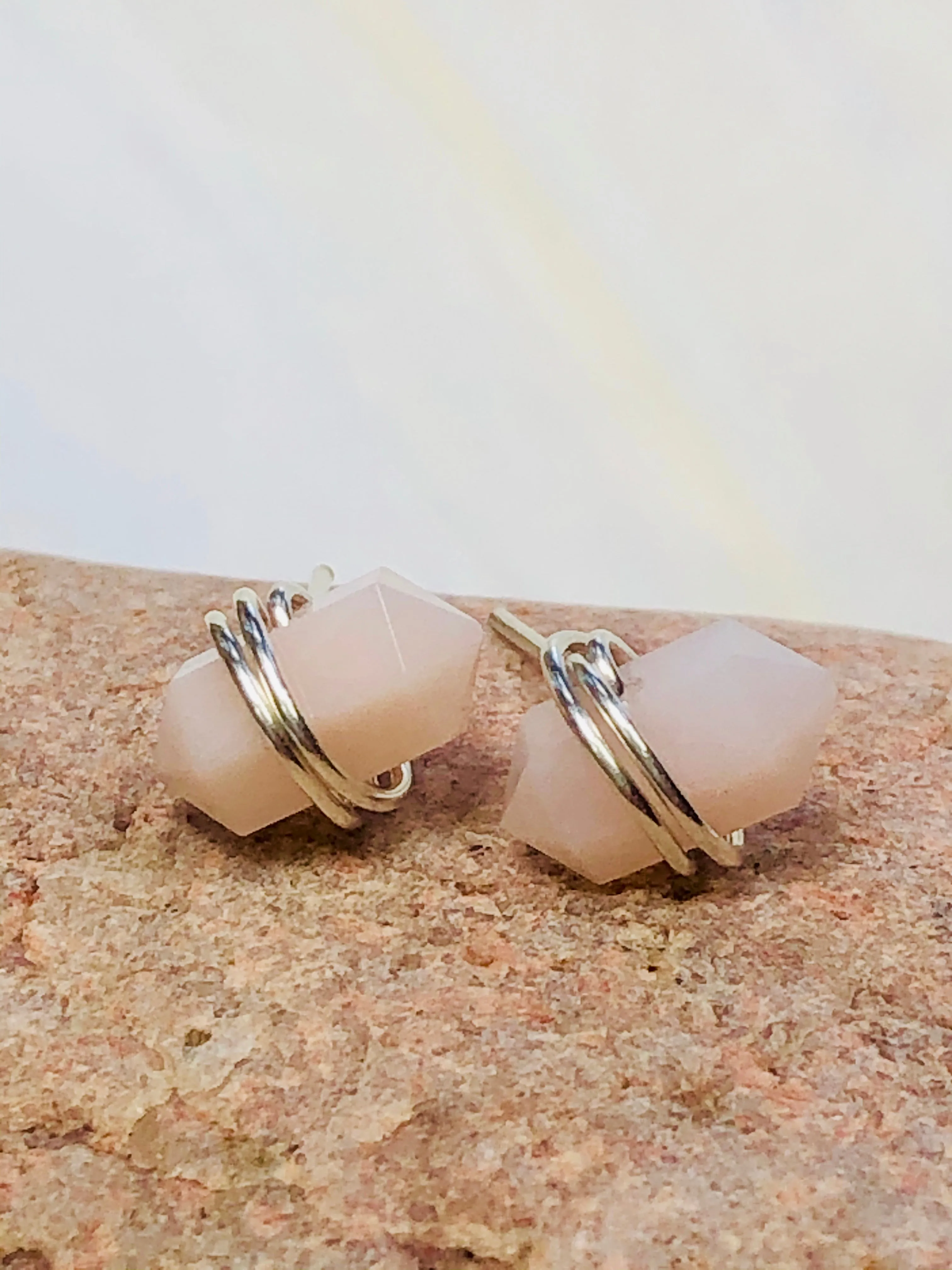 Pink Peruvian Opal Post Earrings, Pink Opal stud earrings, artisan Pink Opal earrings