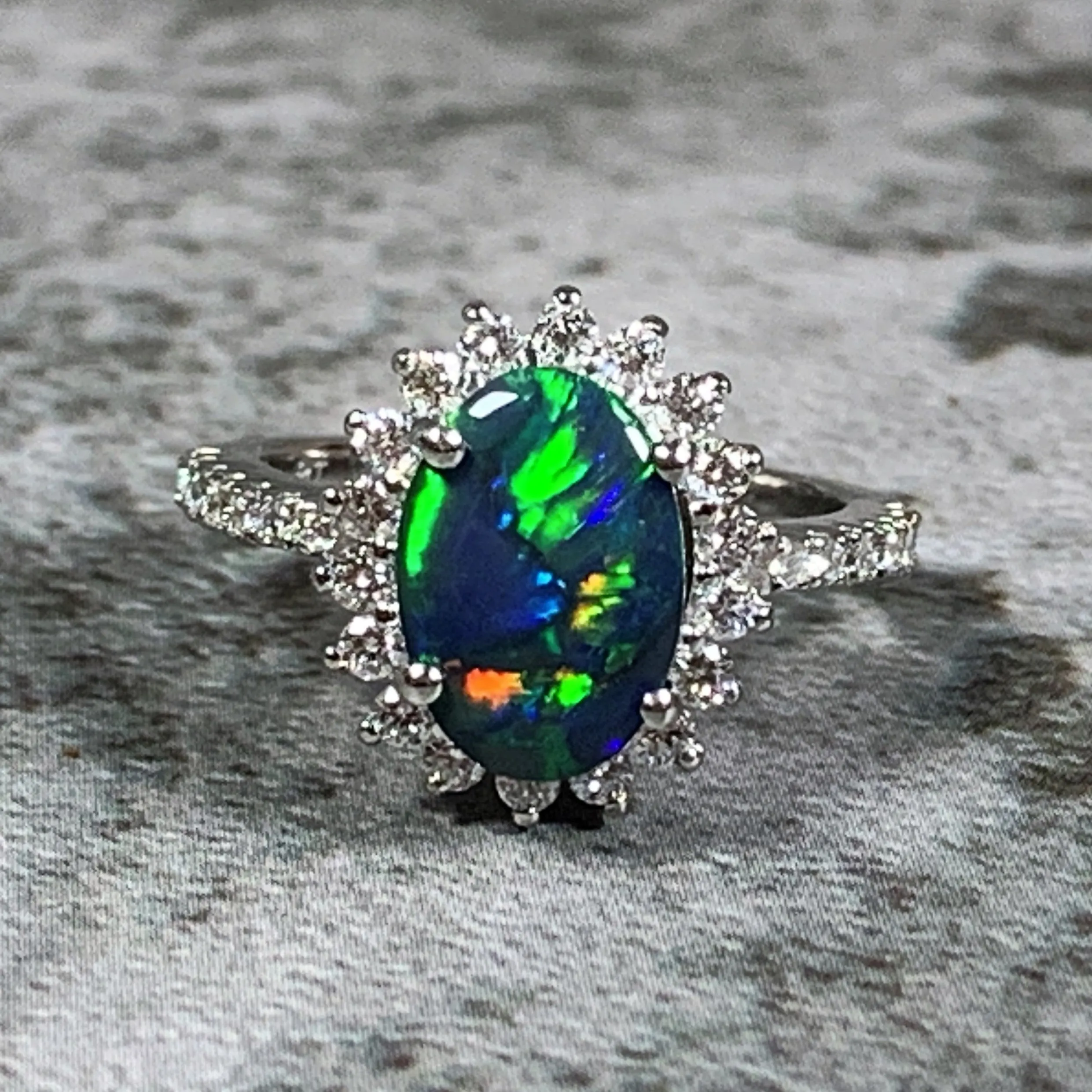 Platinum cluster Black Opal 1.04ct and Diamond ring