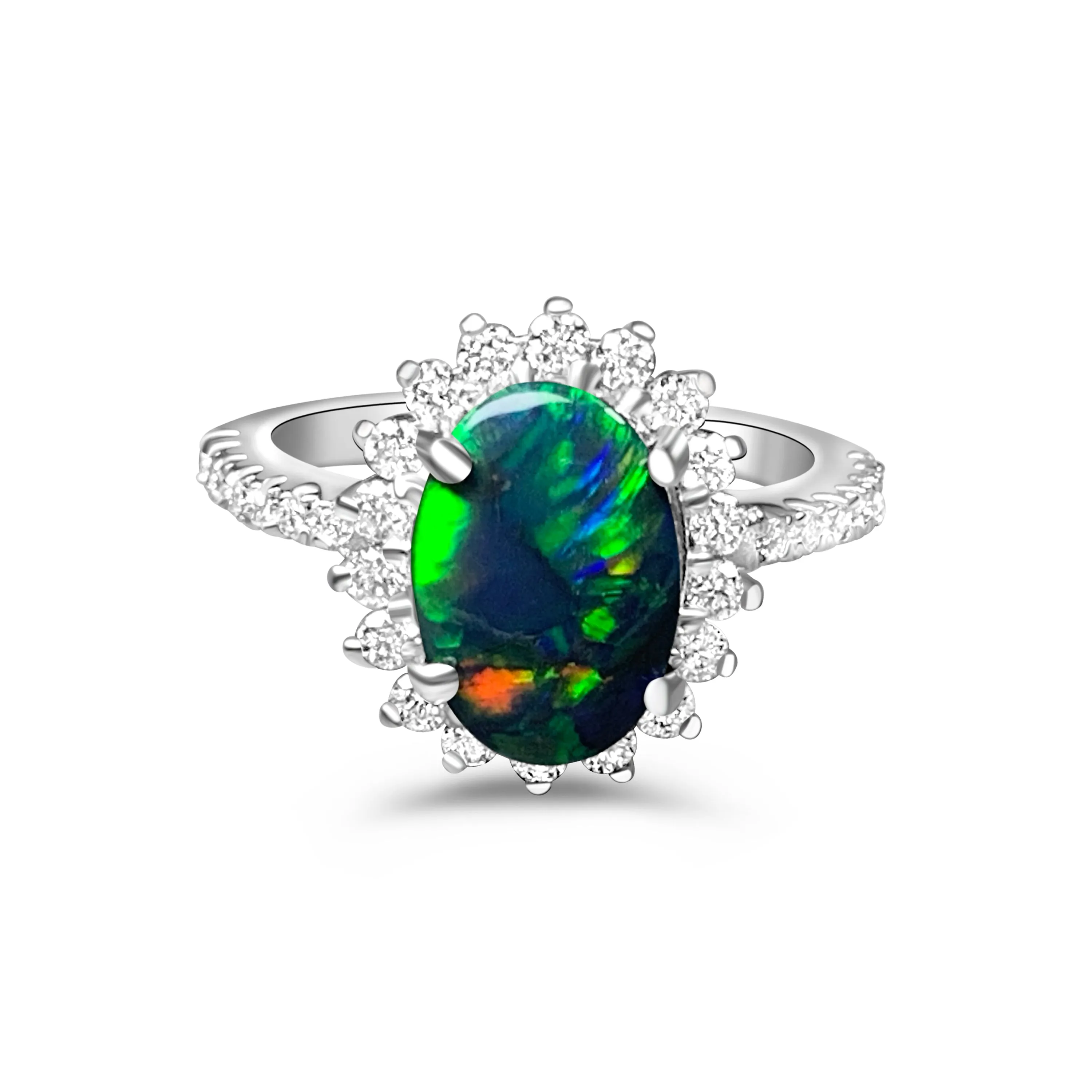 Platinum cluster Black Opal 1.04ct and Diamond ring