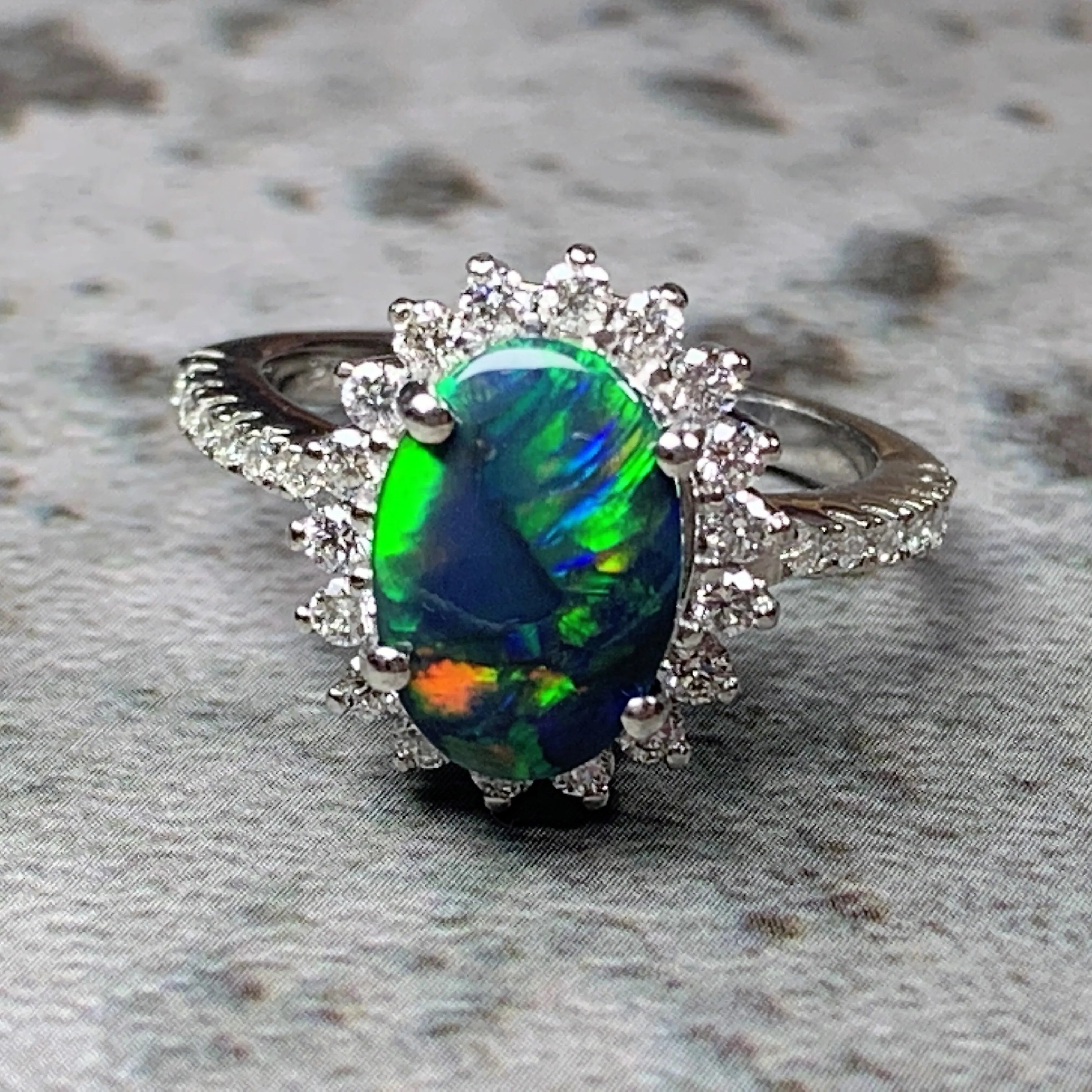 Platinum cluster Black Opal 1.04ct and Diamond ring