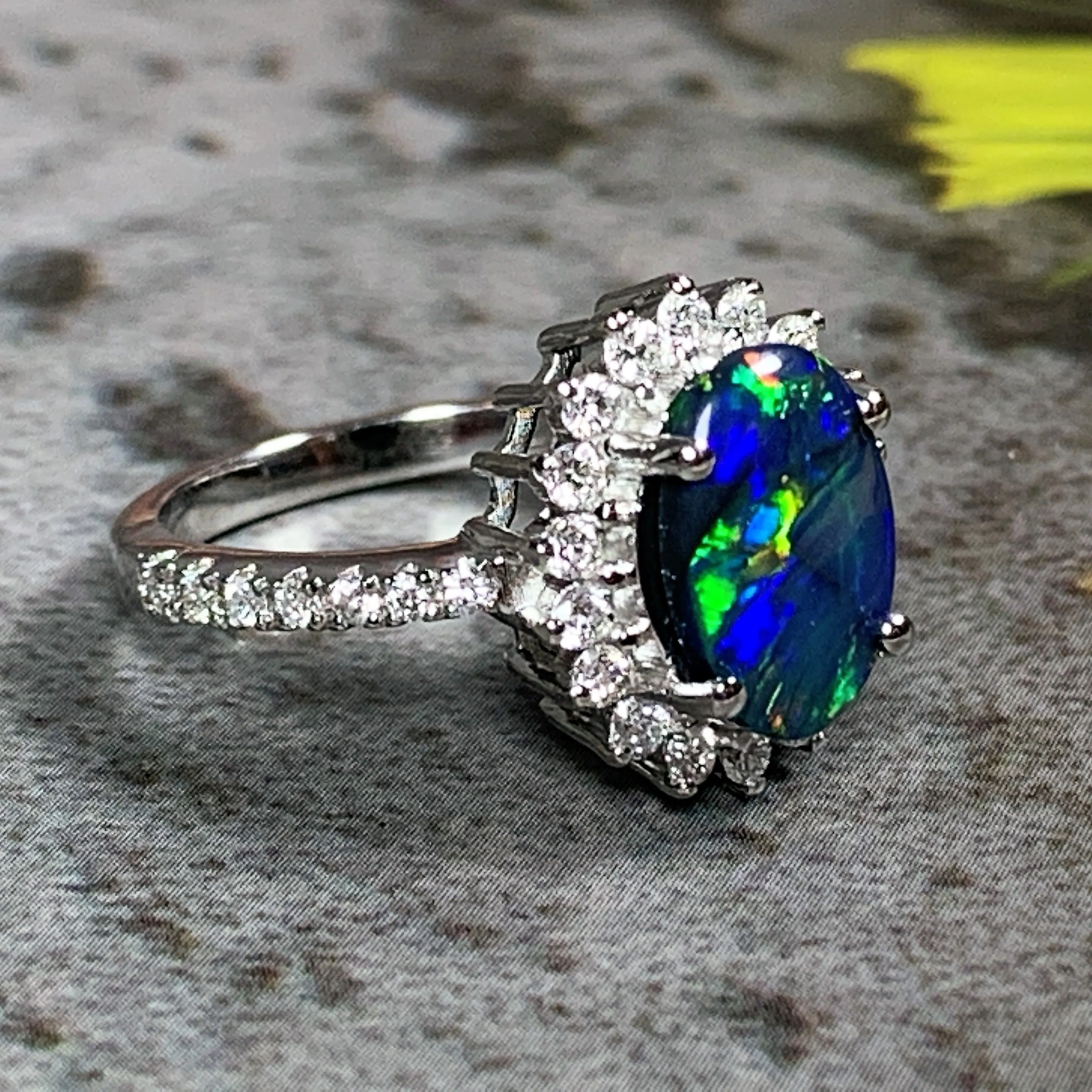 Platinum cluster Black Opal 1.04ct and Diamond ring