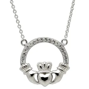 Platinum Plated White Crystal Claddagh Necklace