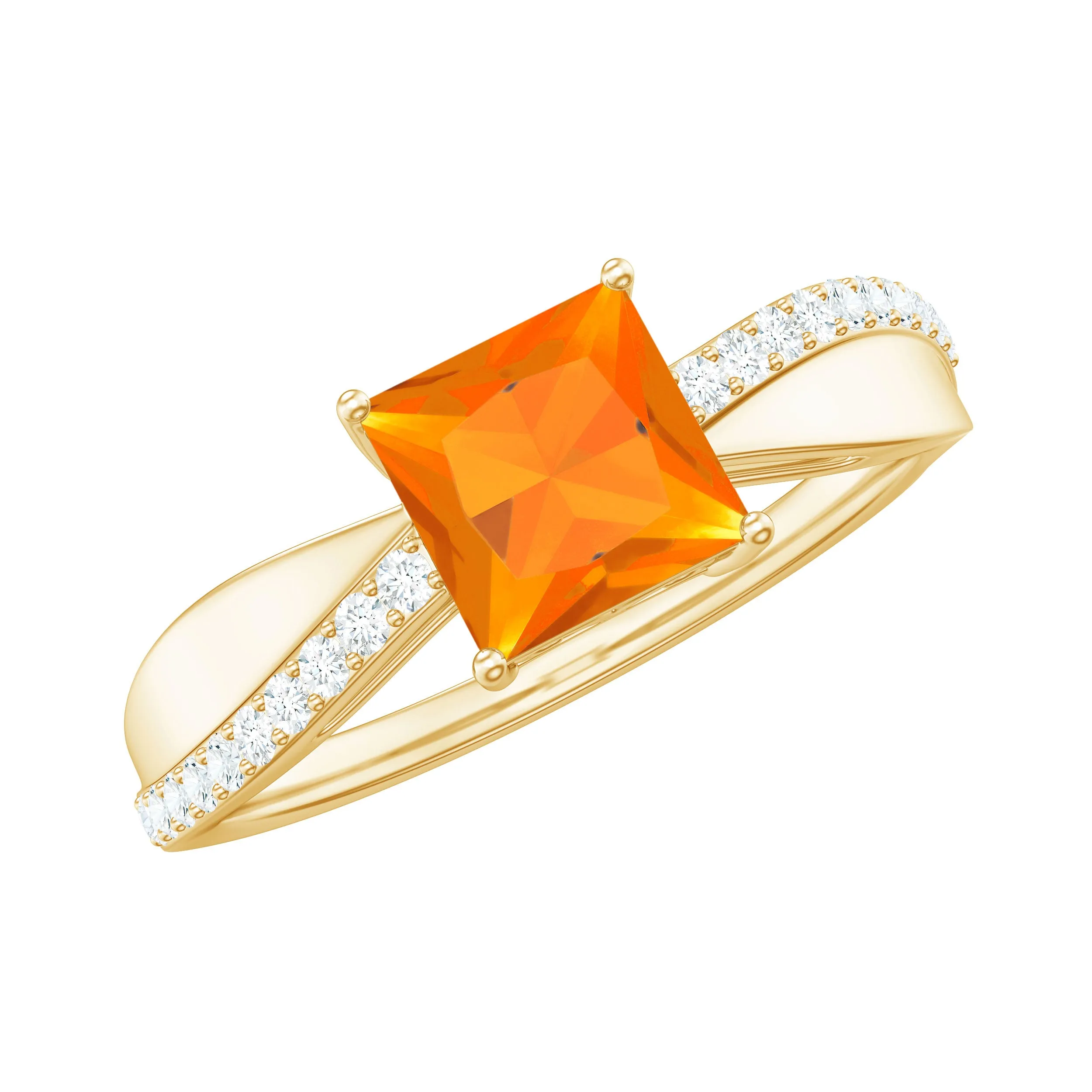 Princess Cut Fire Opal Solitaire Engagement Ring with Diamond