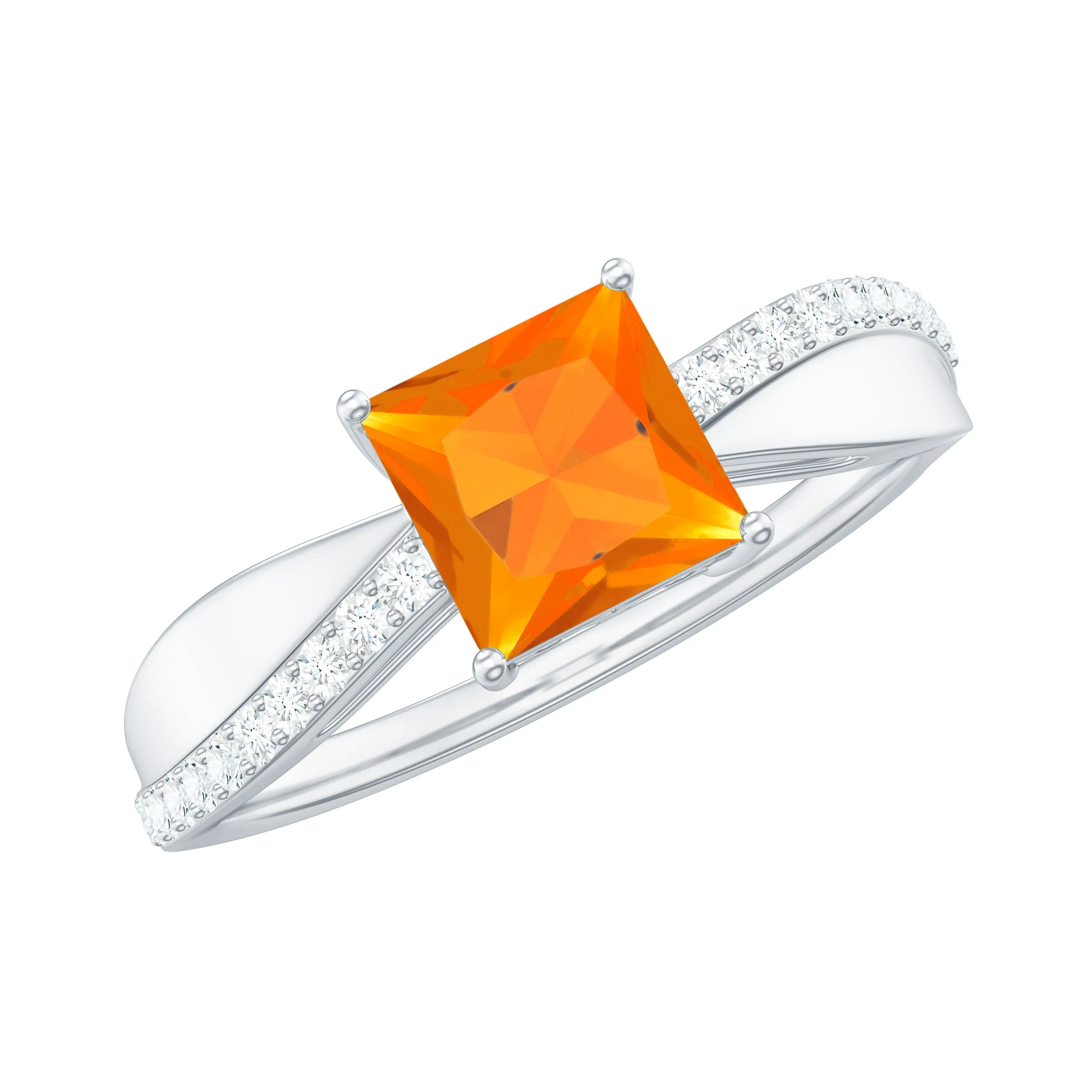 Princess Cut Fire Opal Solitaire Engagement Ring with Diamond