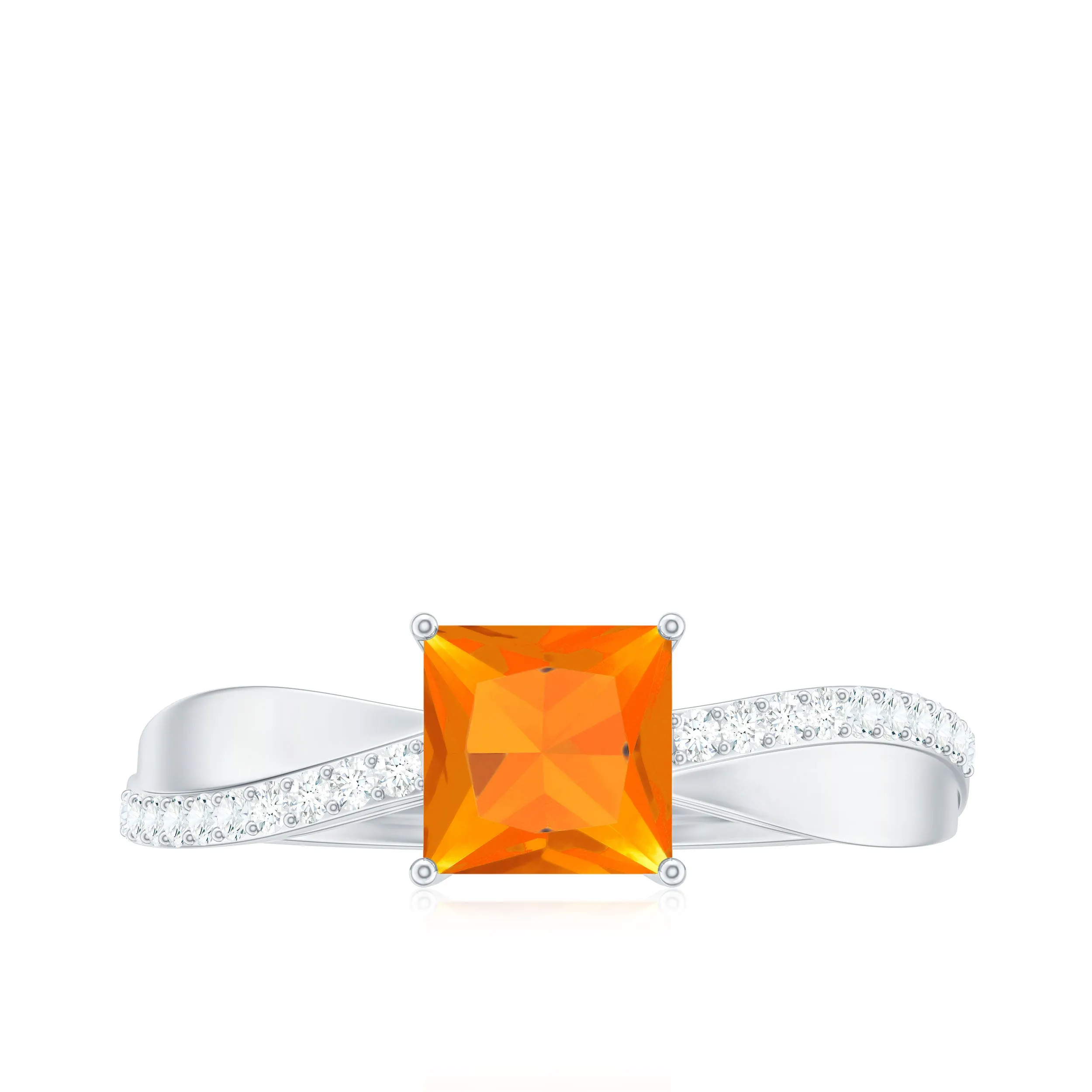 Princess Cut Fire Opal Solitaire Engagement Ring with Diamond