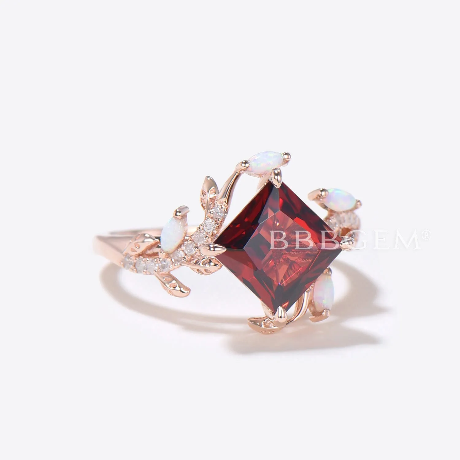 Princess Cut Natural Garnet Engagement Ring Leaf Vine Opal Ring