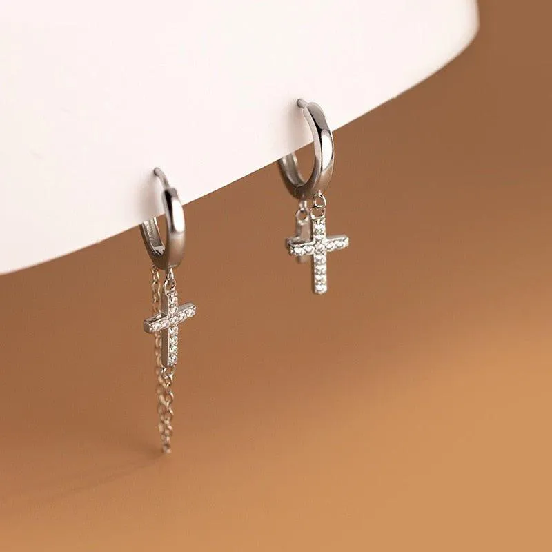 Punk Diamond Cross Chain Hoop Earrings