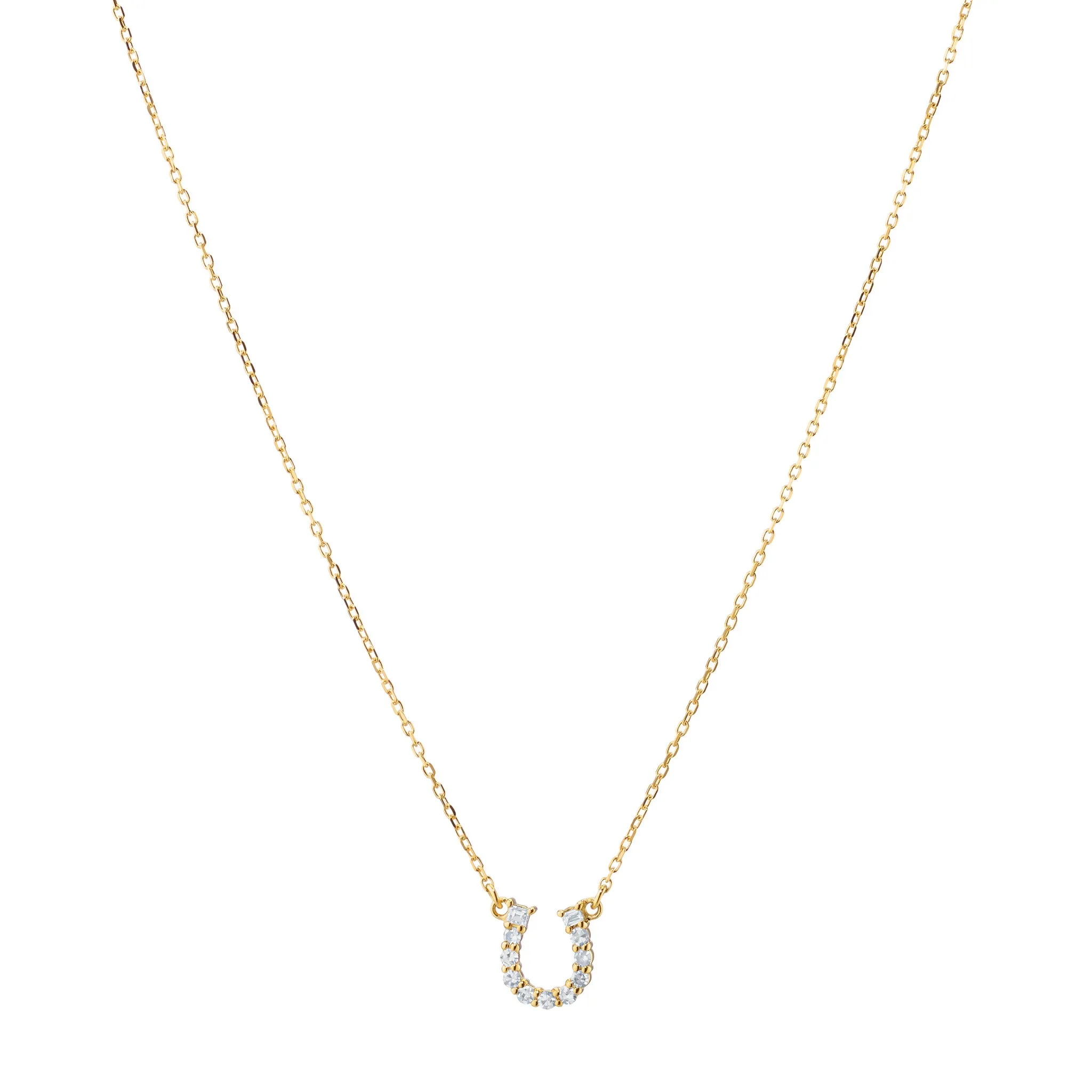 Reclaimed 18K Yellow Gold and Round and Baguette Diamond Horseshoe Necklace