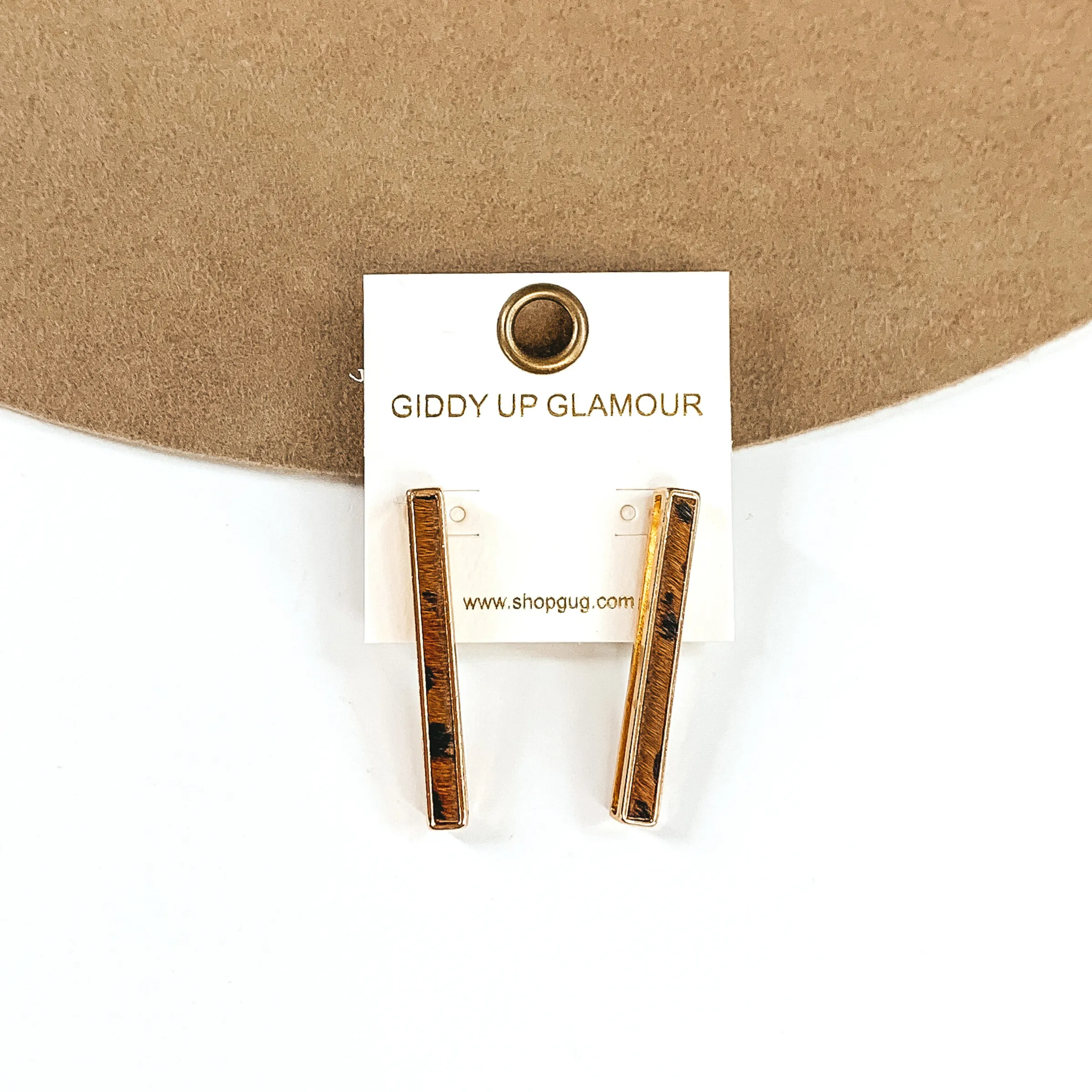 Rectangle Bar Earrings with Brown Animal Print Inlay in Gold