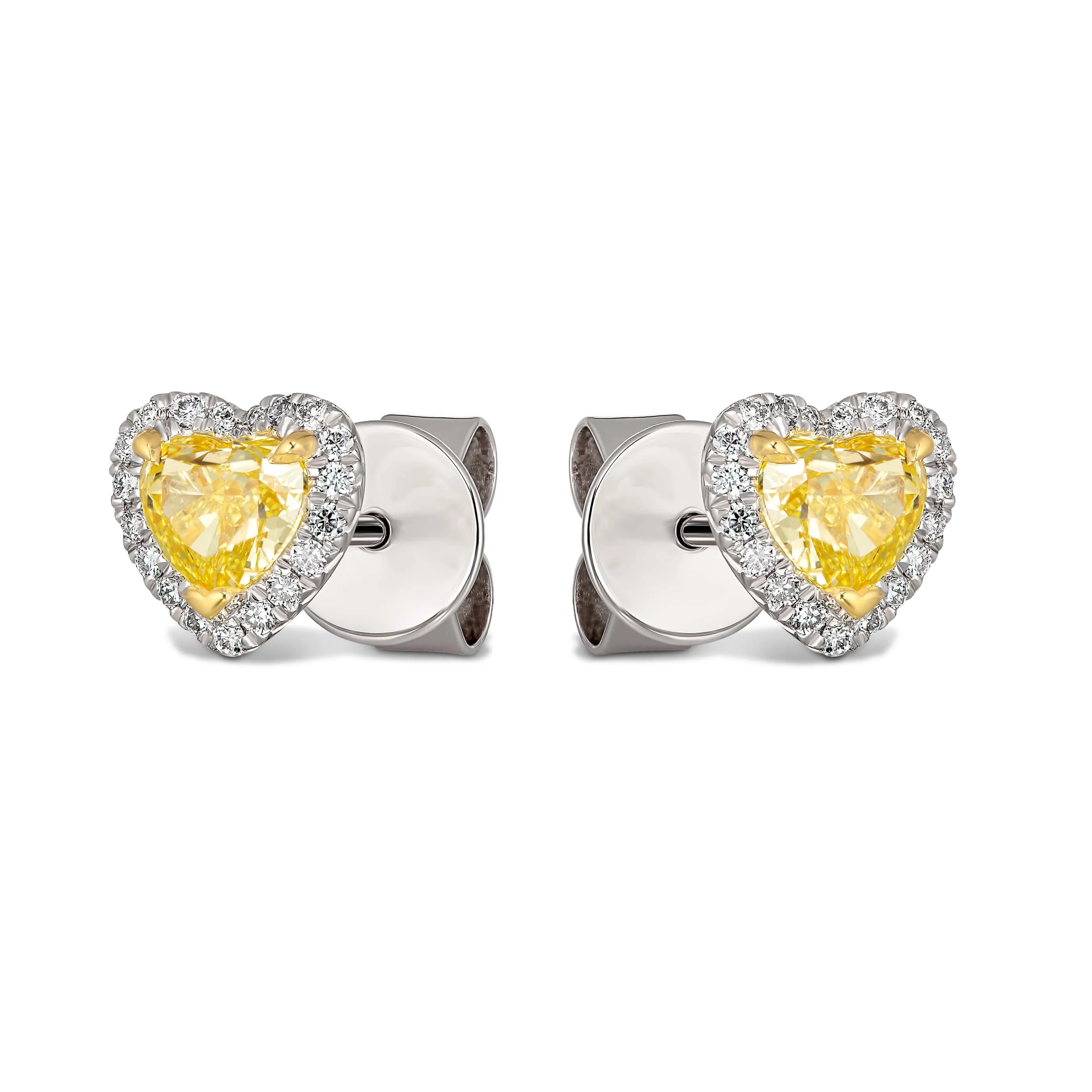 Riviera Heart Shaped Fancy Yellow Diamond Halo Studs | Platinum