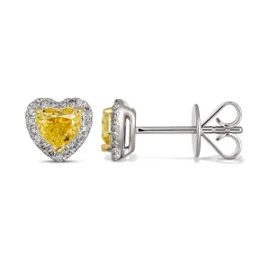 Riviera Heart Shaped Fancy Yellow Diamond Halo Studs | Platinum