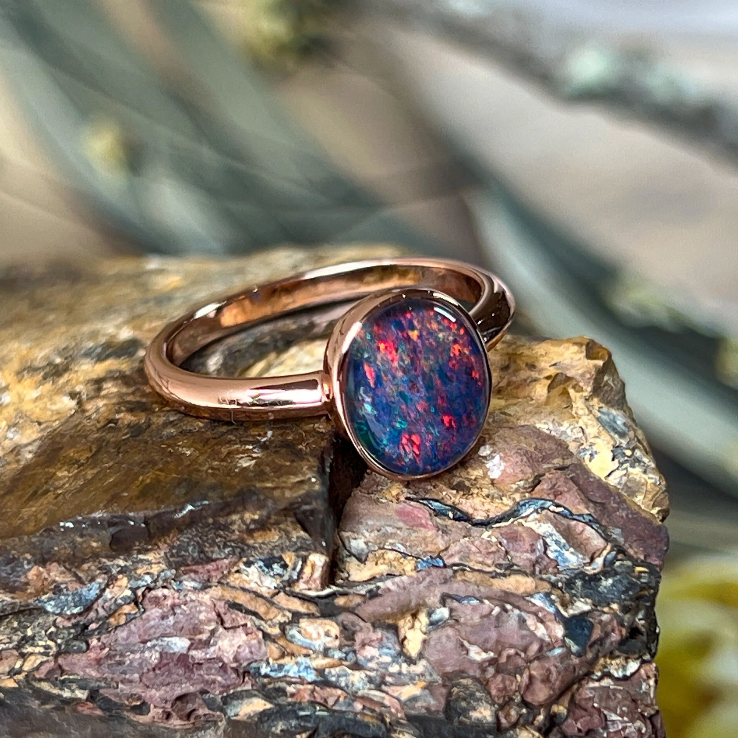 Rose Gold-Plated Sterling Silver Ring - 10x8mm Triplet Opal, Bezel Set, Minimalist Jewelry, Perfect Gift for Her, Opal Ring