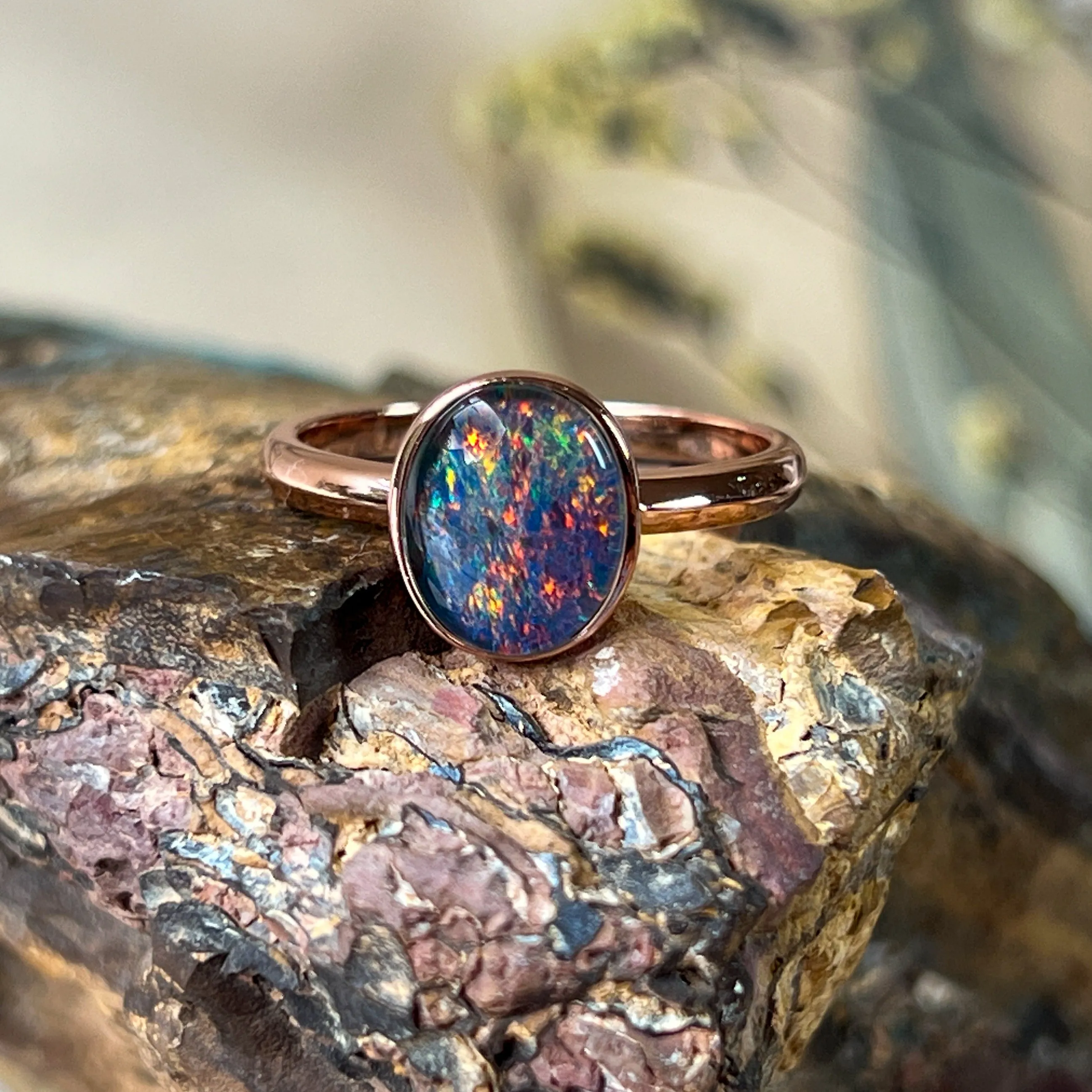 Rose Gold-Plated Sterling Silver Ring - 10x8mm Triplet Opal, Bezel Set, Minimalist Jewelry, Perfect Gift for Her, Opal Ring