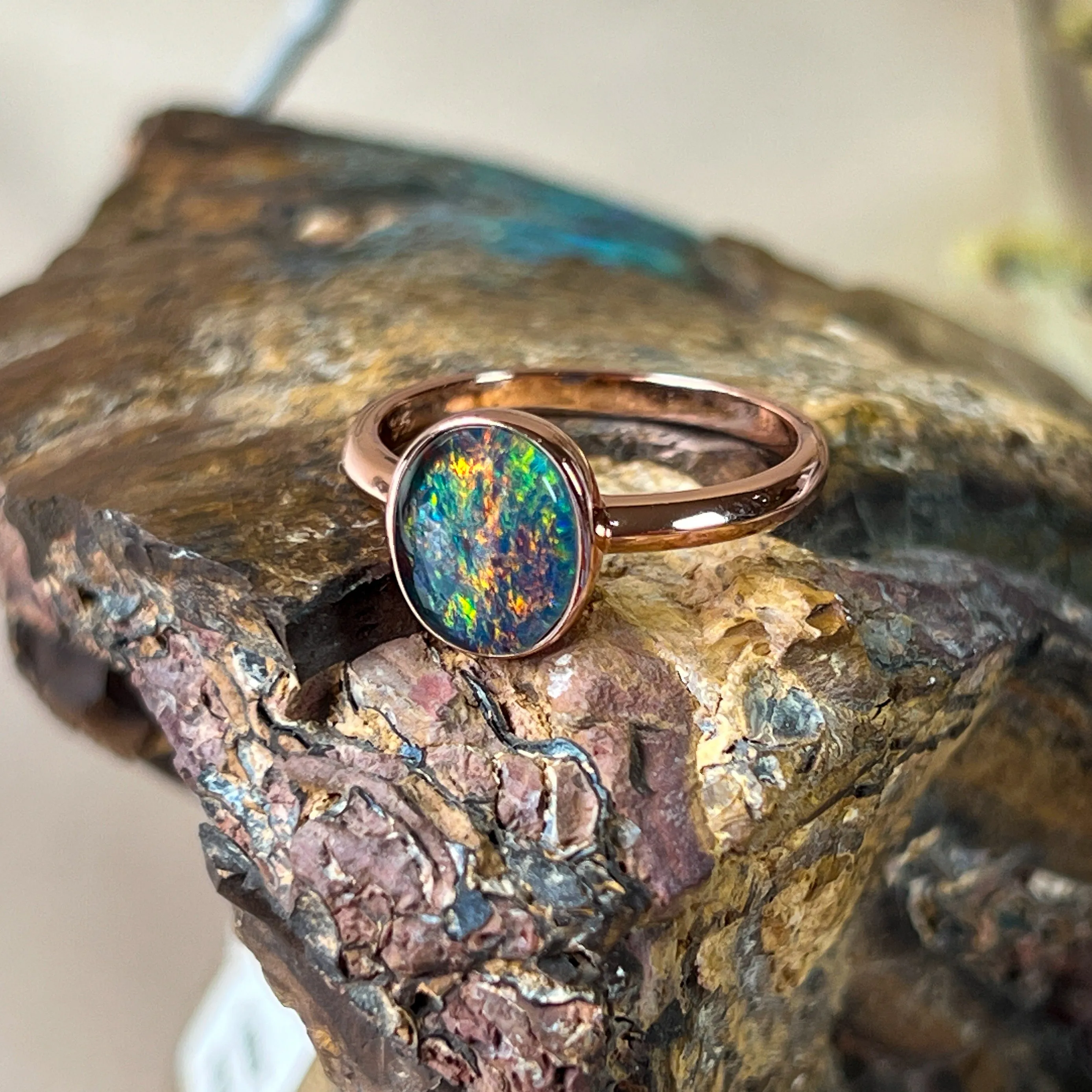 Rose Gold-Plated Sterling Silver Ring - 10x8mm Triplet Opal, Bezel Set, Minimalist Jewelry, Perfect Gift for Her, Opal Ring