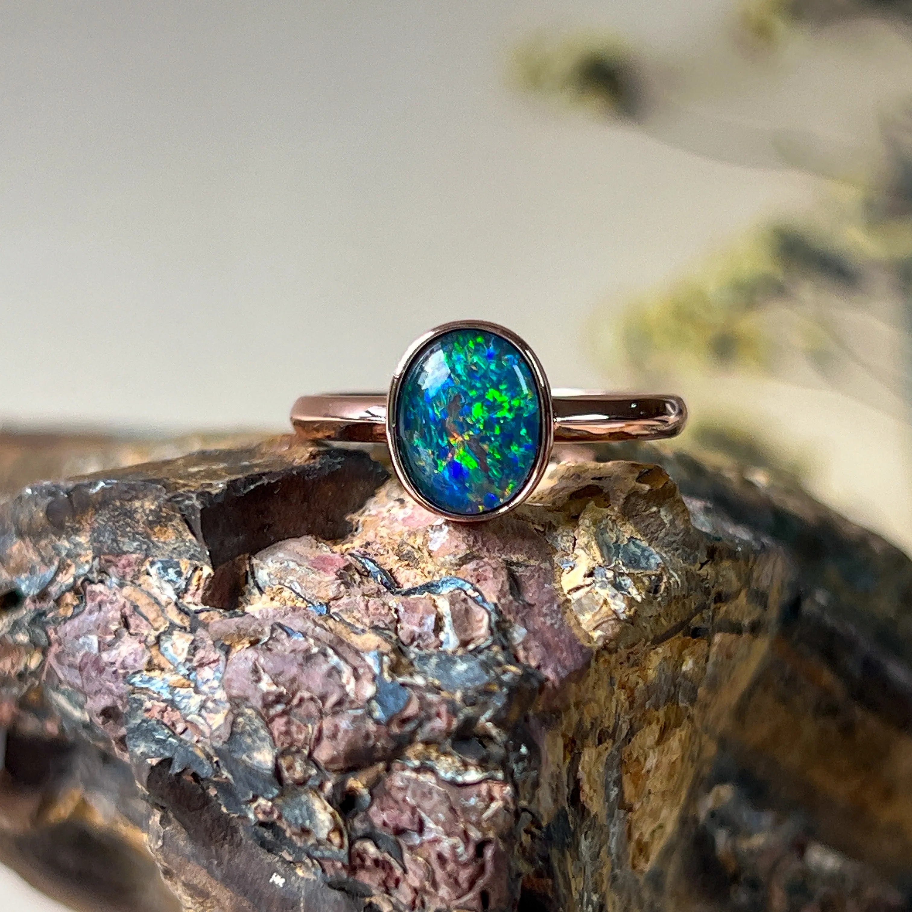 Rose Gold-Plated Sterling Silver Ring - 10x8mm Triplet Opal, Bezel Set, Minimalist Jewelry, Perfect Gift for Her, Opal Ring