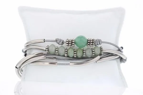 Simone Bracelet-Necklace Convertible with Metallic Silver Leather Cord and Green Beads