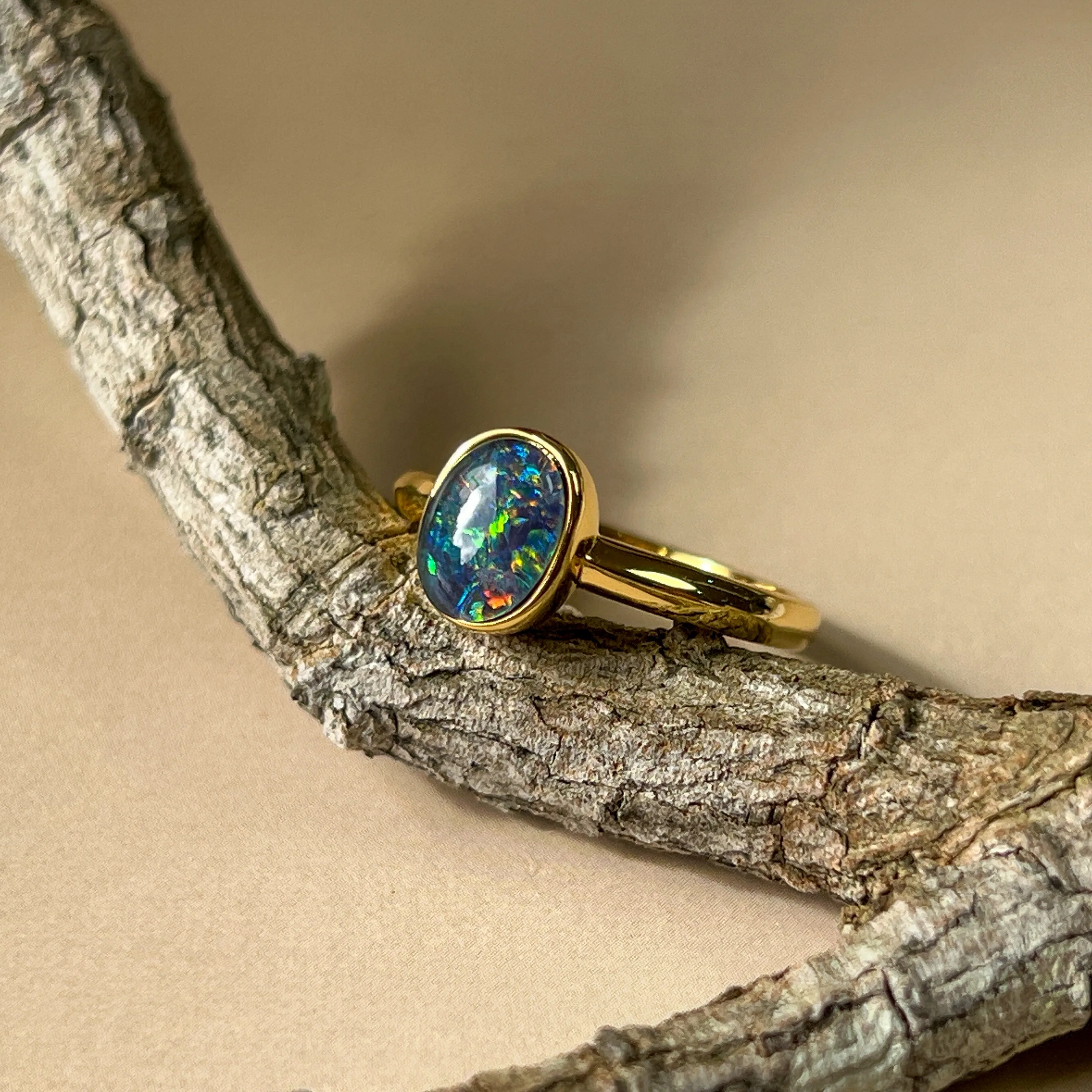 Single Bezel Set Triplet Opal Ring - Gold Plated Sterling Silver - Dainty Women's Blue & Silver Opal Jewelry 8x6mm