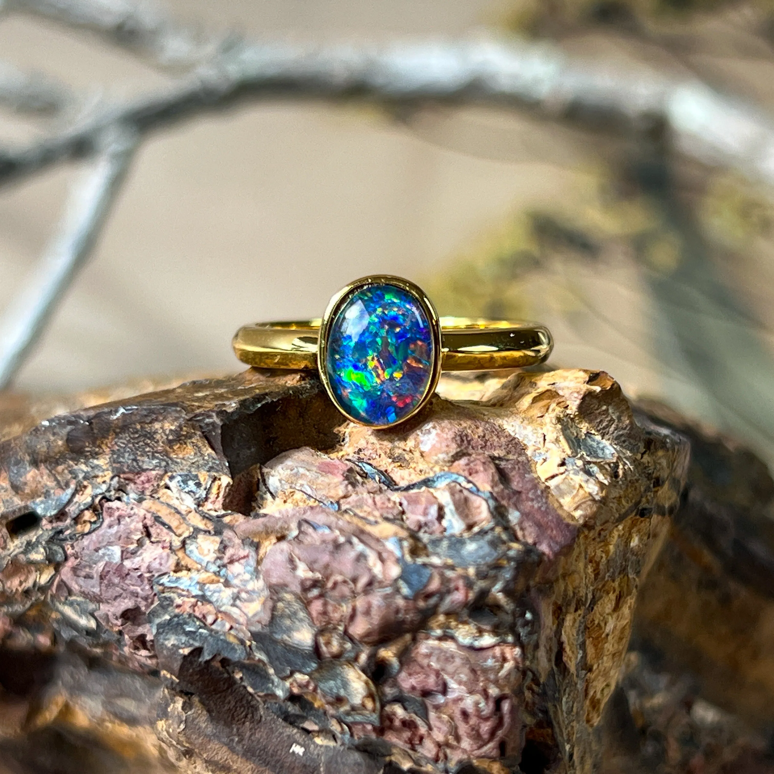 Single Bezel Set Triplet Opal Ring - Gold Plated Sterling Silver - Dainty Women's Blue & Silver Opal Jewelry 8x6mm