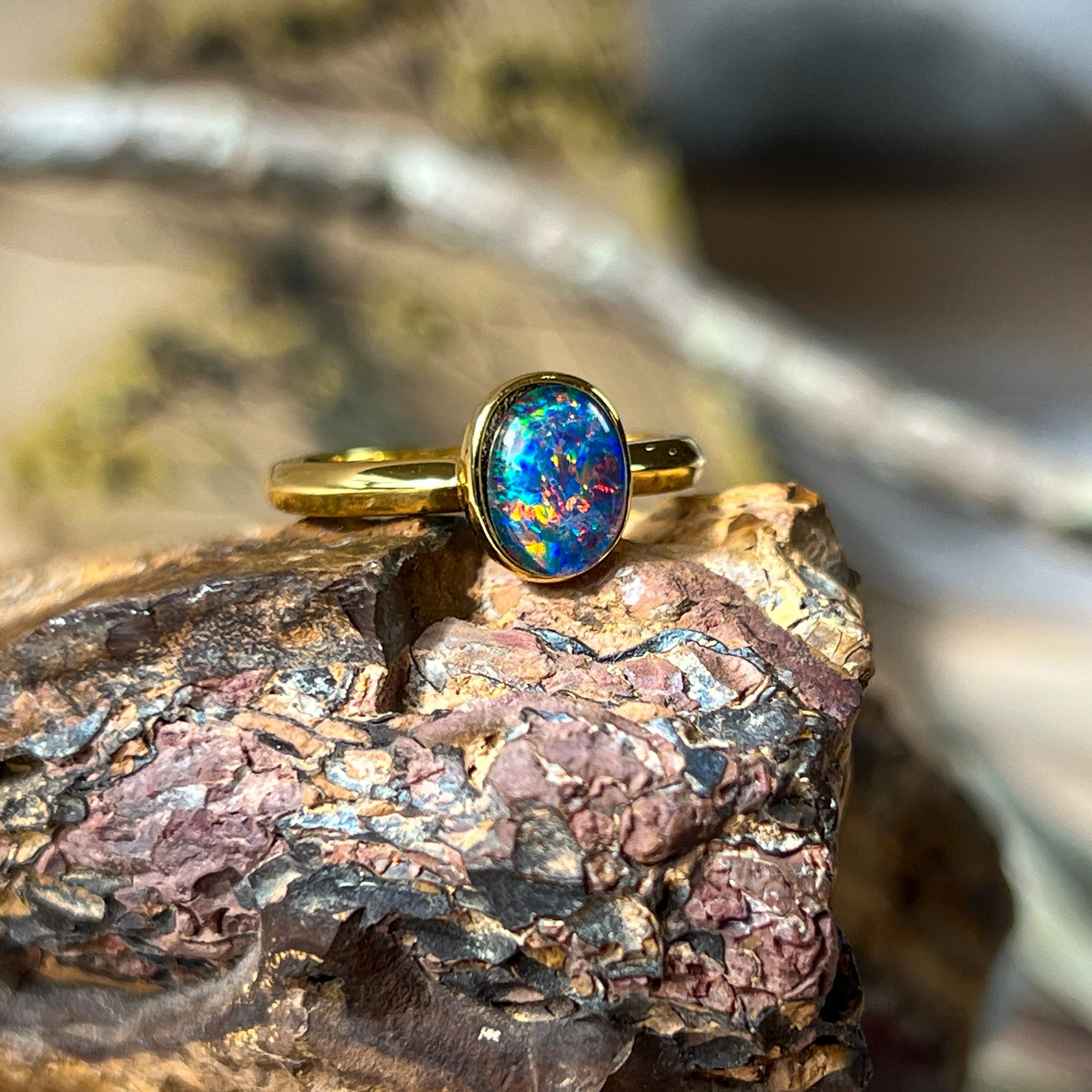 Single Bezel Set Triplet Opal Ring - Gold Plated Sterling Silver - Dainty Women's Blue & Silver Opal Jewelry 8x6mm