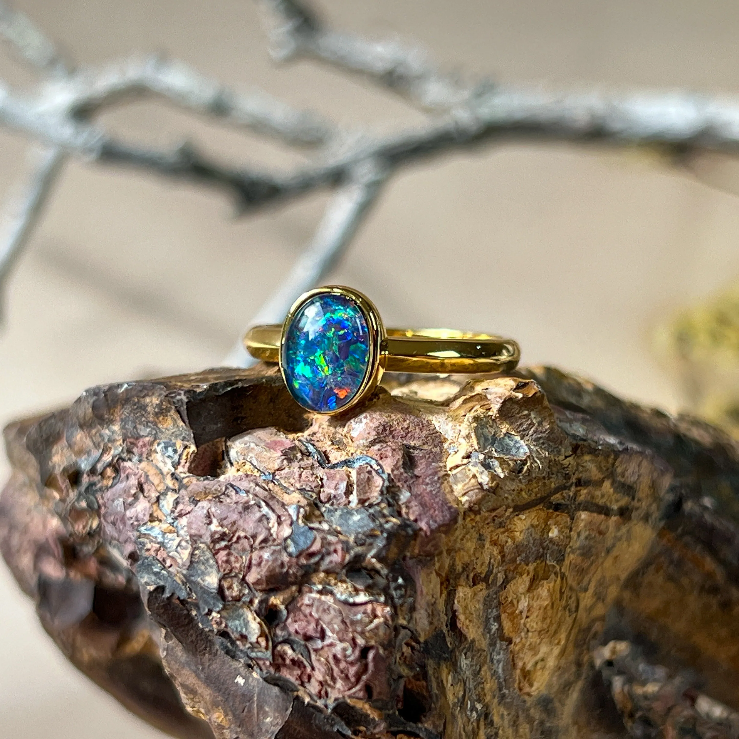 Single Bezel Set Triplet Opal Ring - Gold Plated Sterling Silver - Dainty Women's Blue & Silver Opal Jewelry 8x6mm