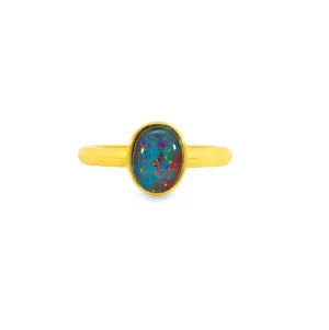 Single Bezel Set Triplet Opal Ring - Gold Plated Sterling Silver - Dainty Women's Blue & Silver Opal Jewelry 8x6mm