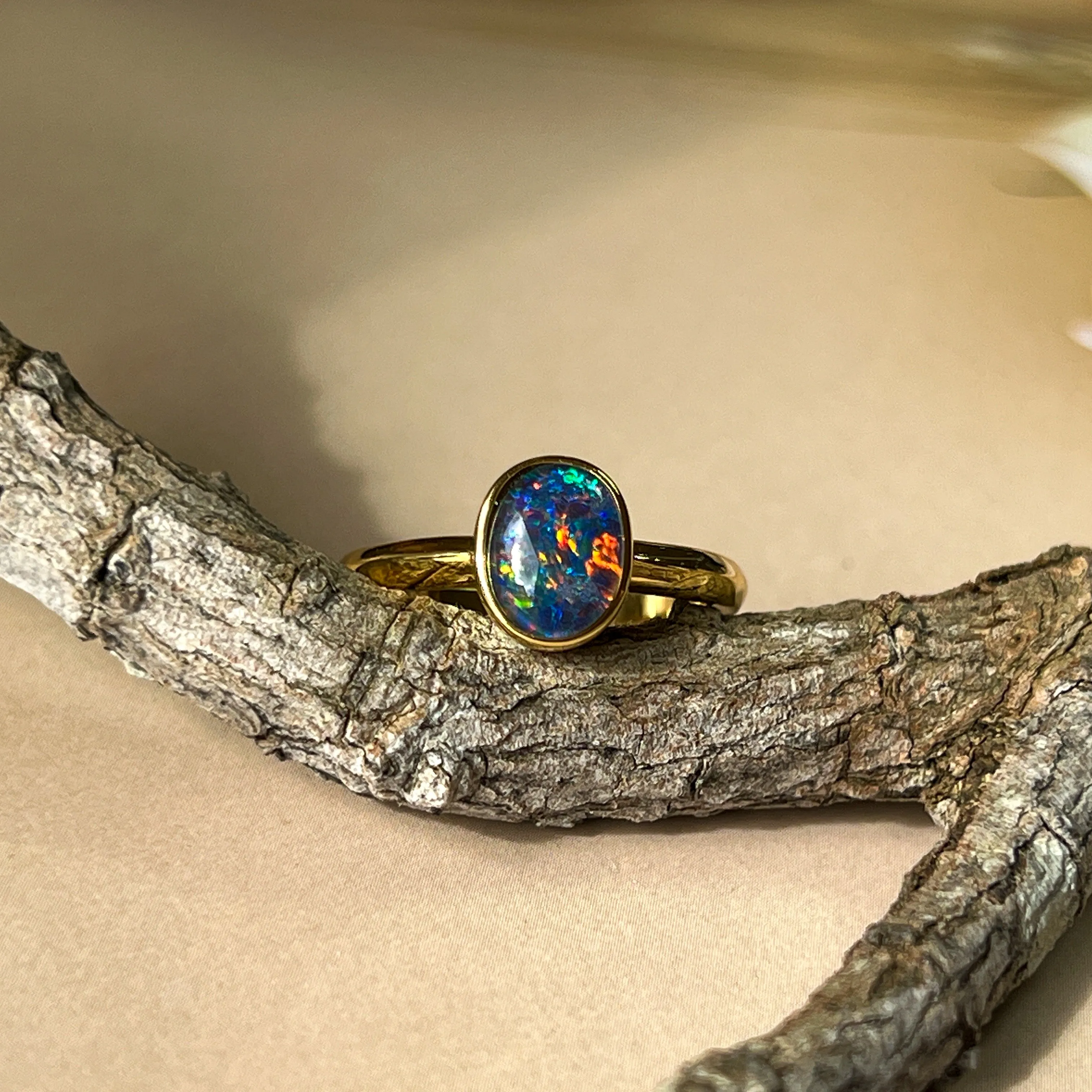 Single Bezel Set Triplet Opal Ring - Gold Plated Sterling Silver - Dainty Women's Blue & Silver Opal Jewelry 8x6mm