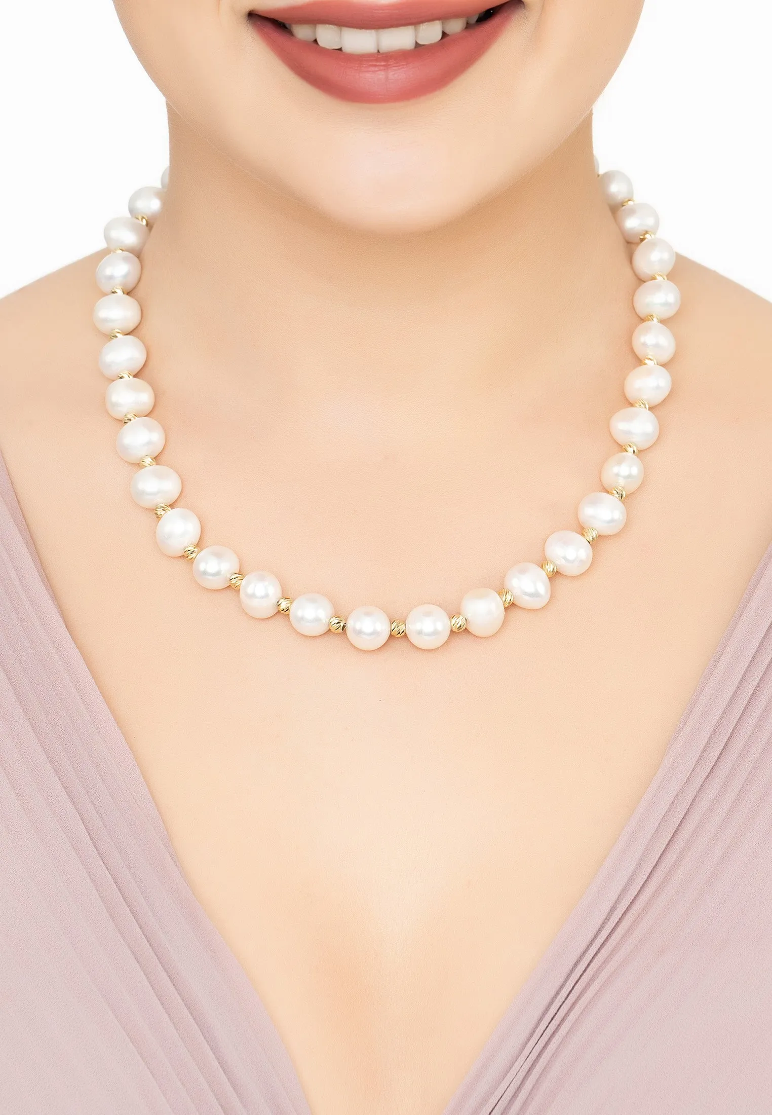 Solid 14K Gold Classic Natural Pearl Necklace